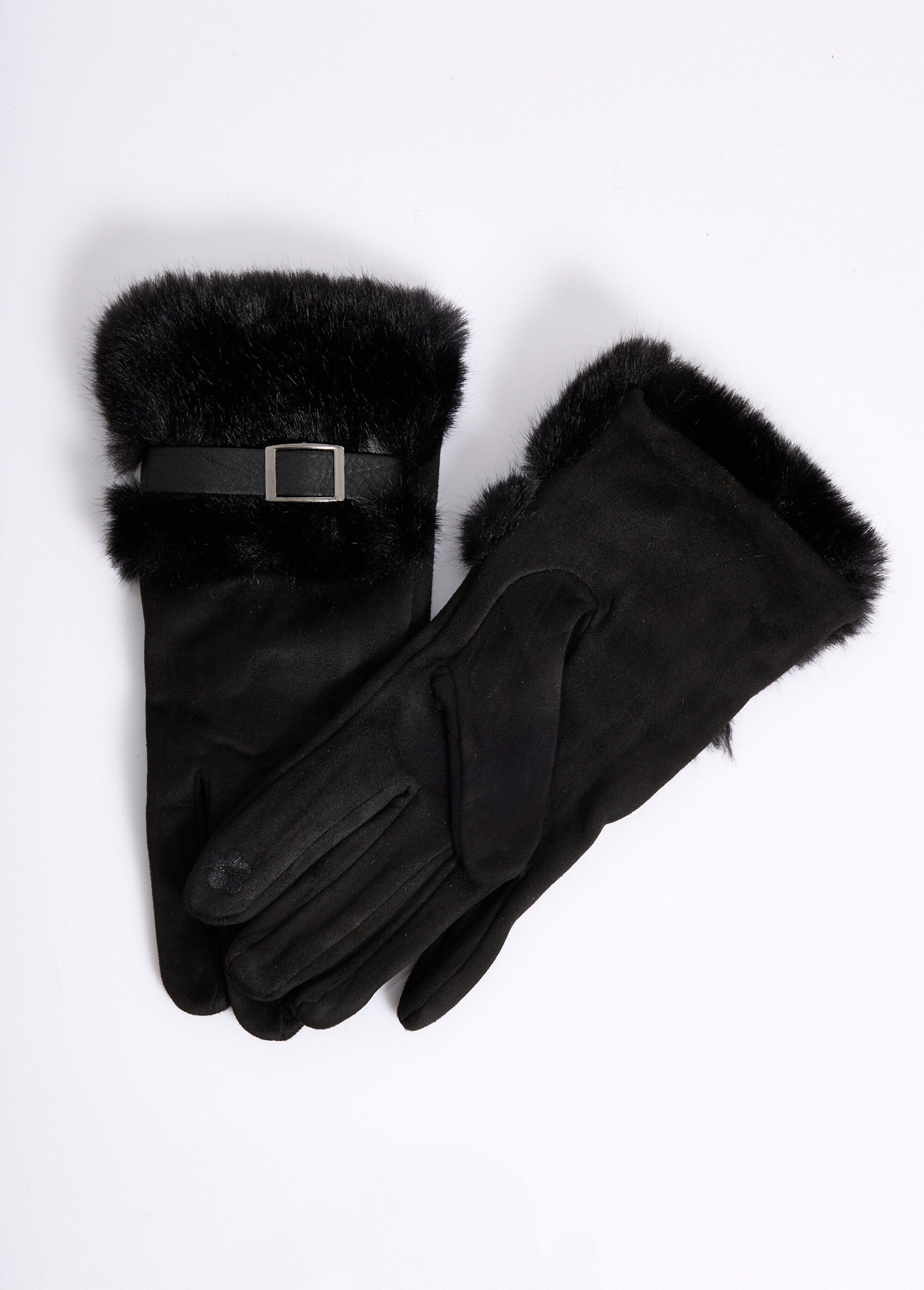 Gants en suédine poignet fourrure Femme Noir NES180LFG2318 FA1