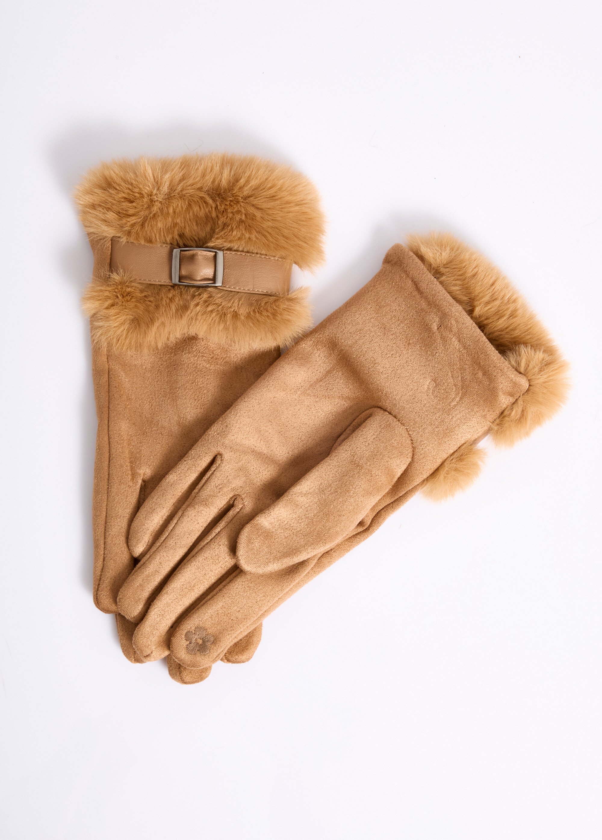 Gants en suédine poignet fourrure Femme Beige NES180LFG2318 DE1