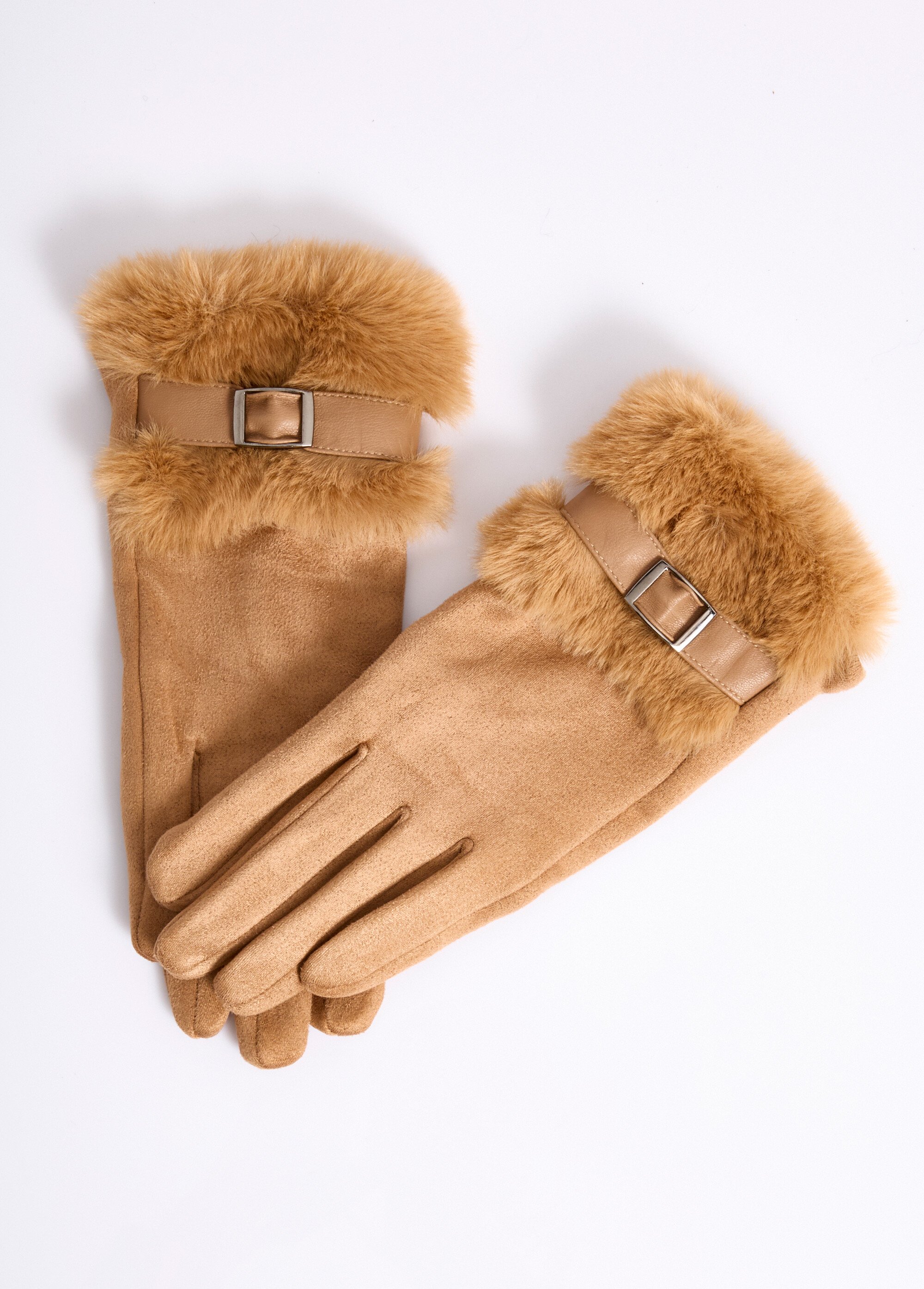 Gants en suédine poignet fourrure Femme Beige NES180LFG2318 FA1