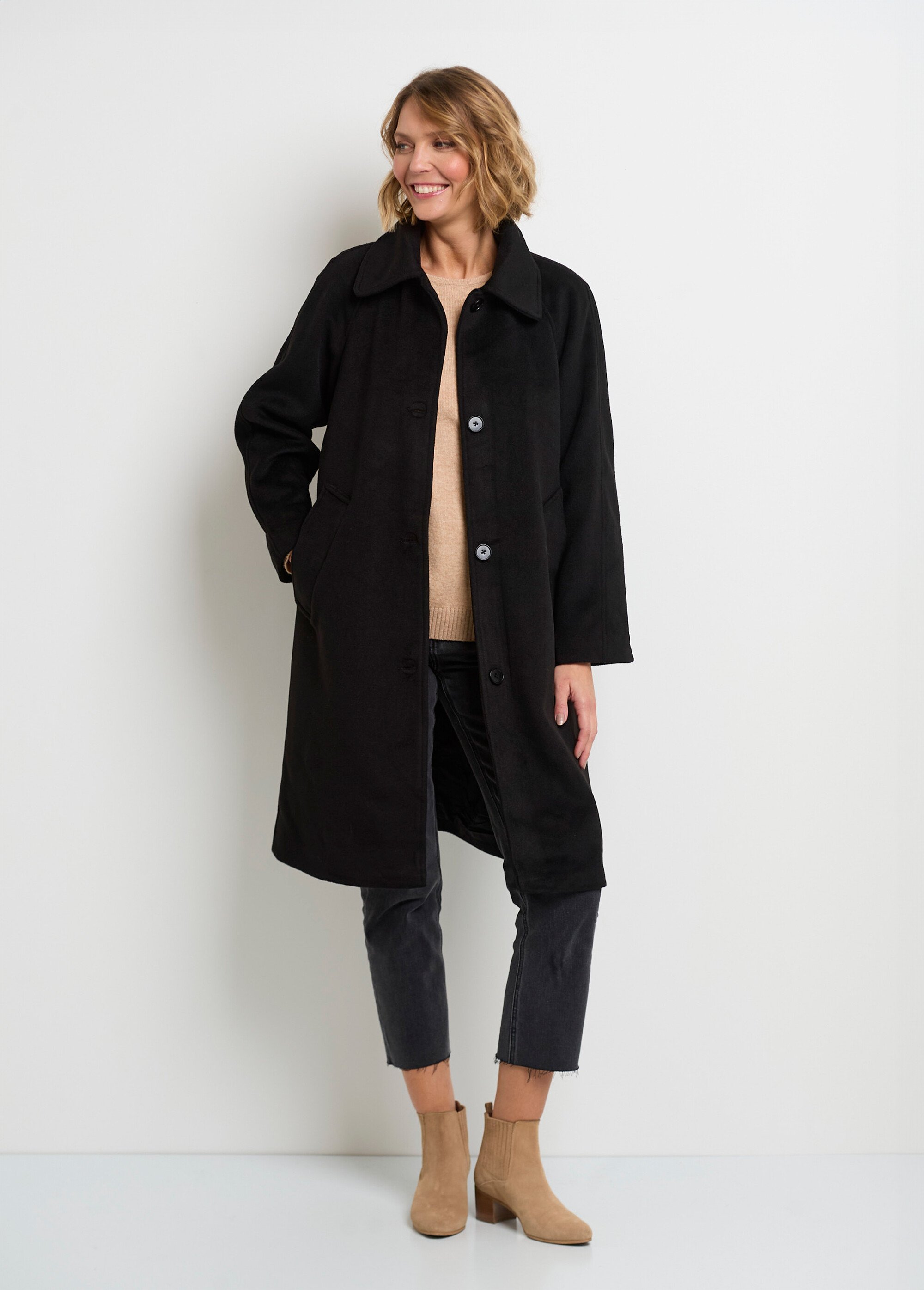 Manteau long col tailleur aspect laine Noir Afibel
