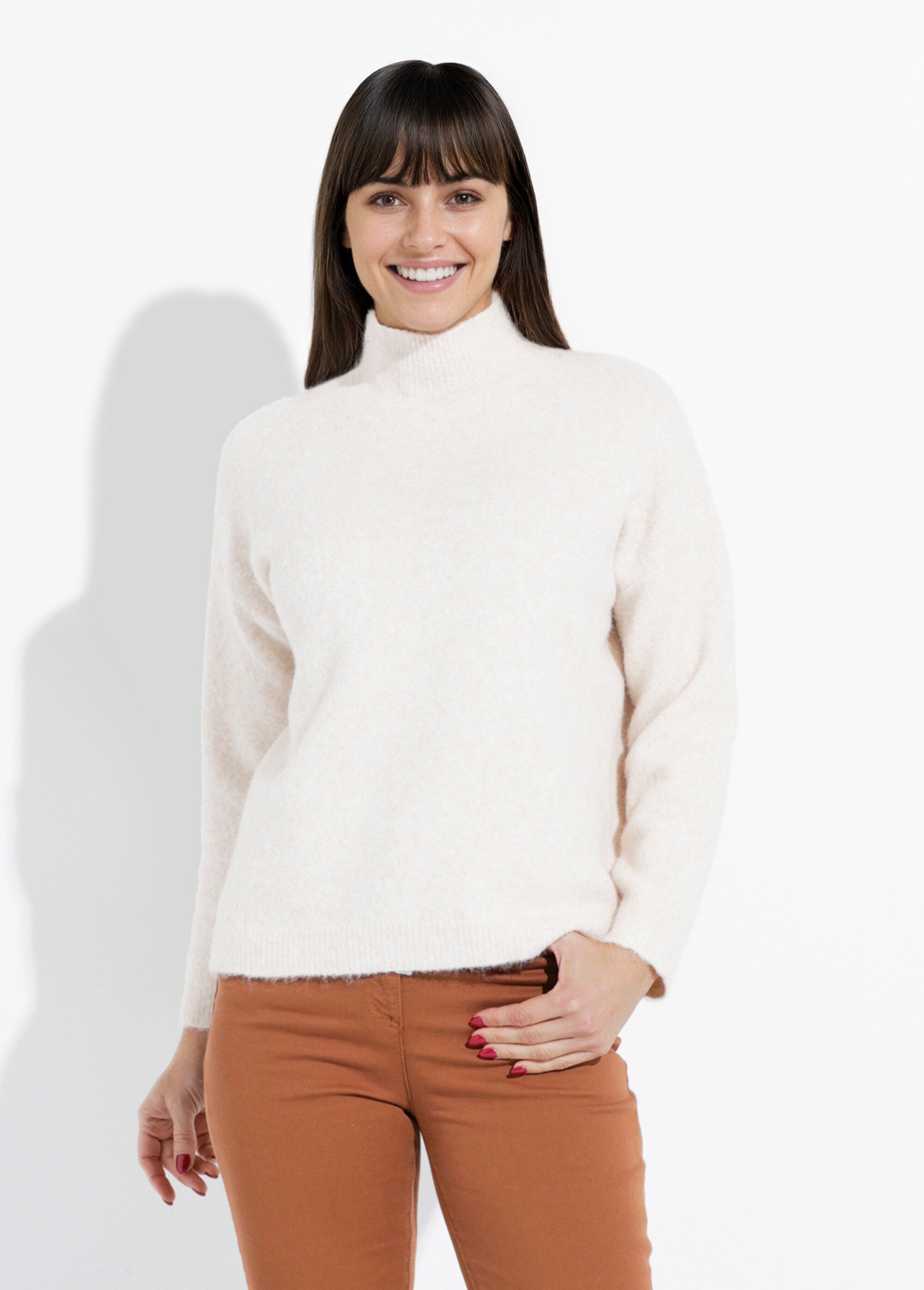 Pull col montant en maille duveteuse Femme Beige IA-AR862 FA1