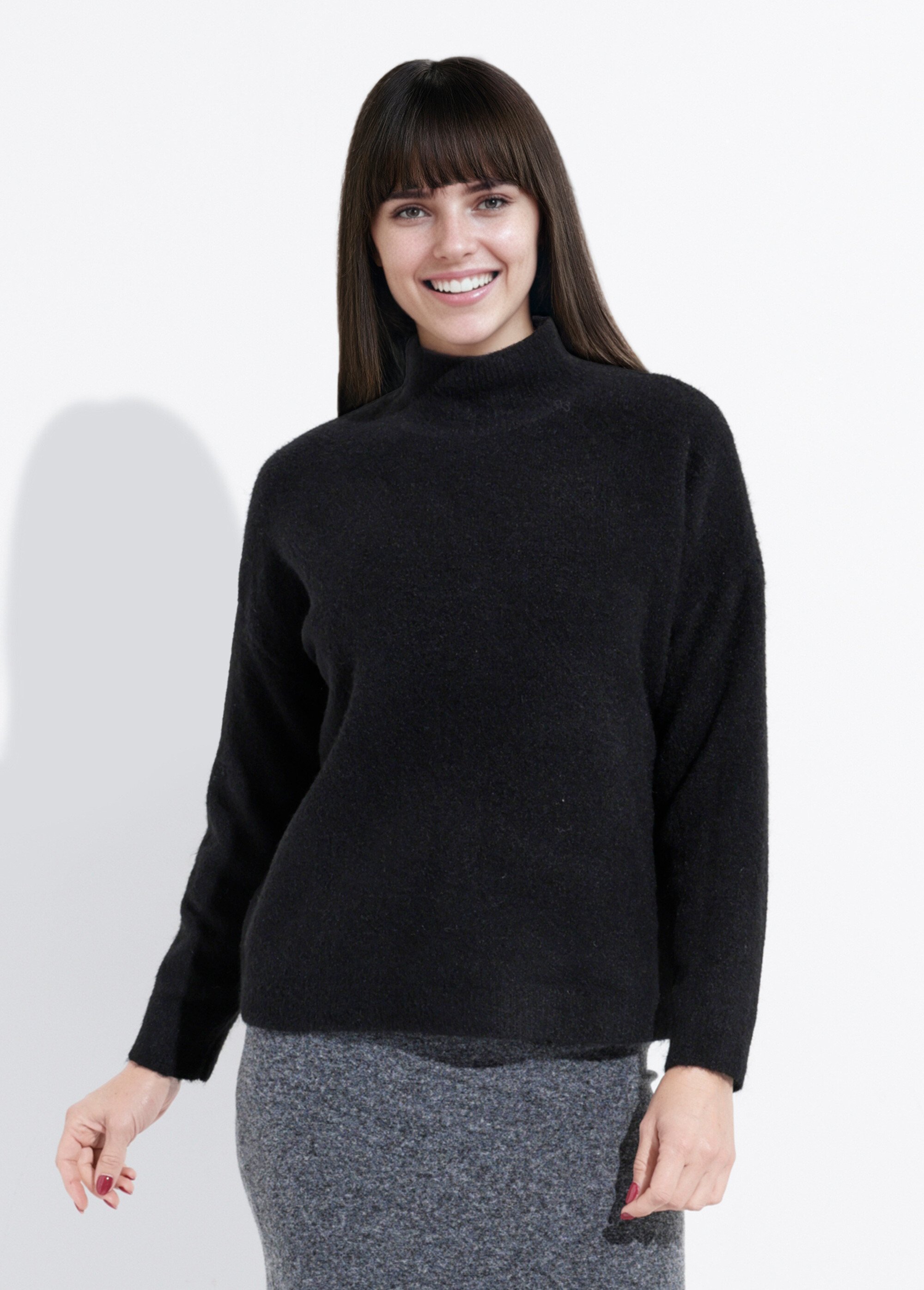 Pull col montant en maille duveteuse Femme Noir IA-AR862 FA1