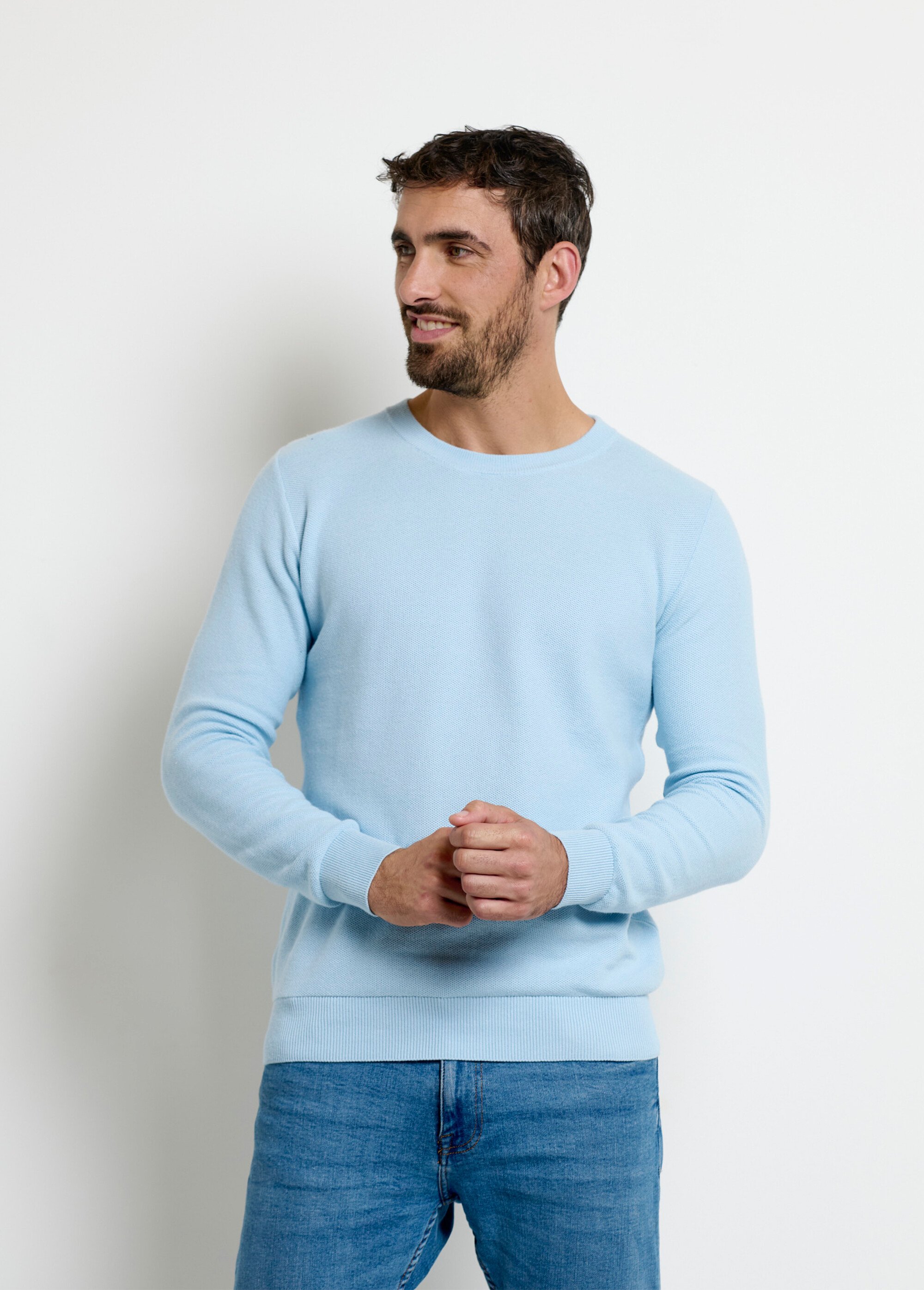 Pull col rond maille piquée fantaisie Homme Bleu YVE6802 FA2
