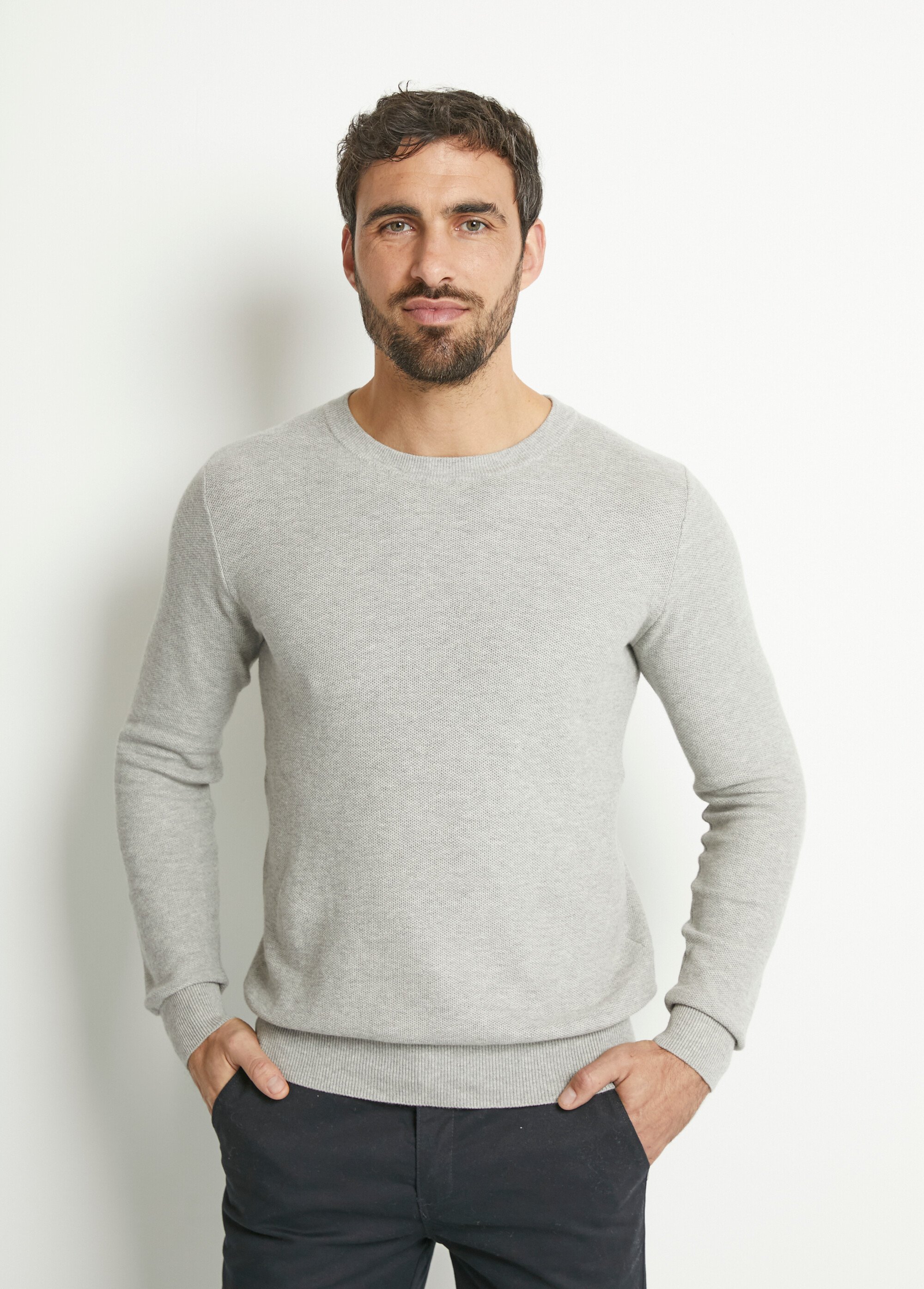 Pull col rond maille piquée fantaisie Homme GRIS CLAIR YVE6802 FA2