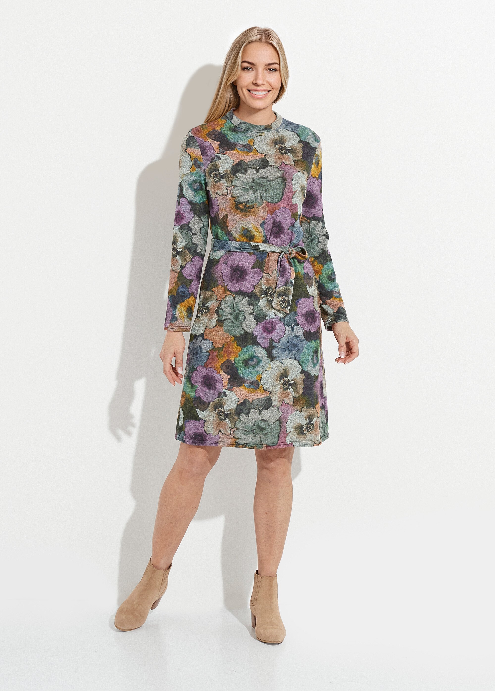 Robe imprimée droite ceinturée col montant maille chaude Femme GRIS ET PARME HANTOINE FA1