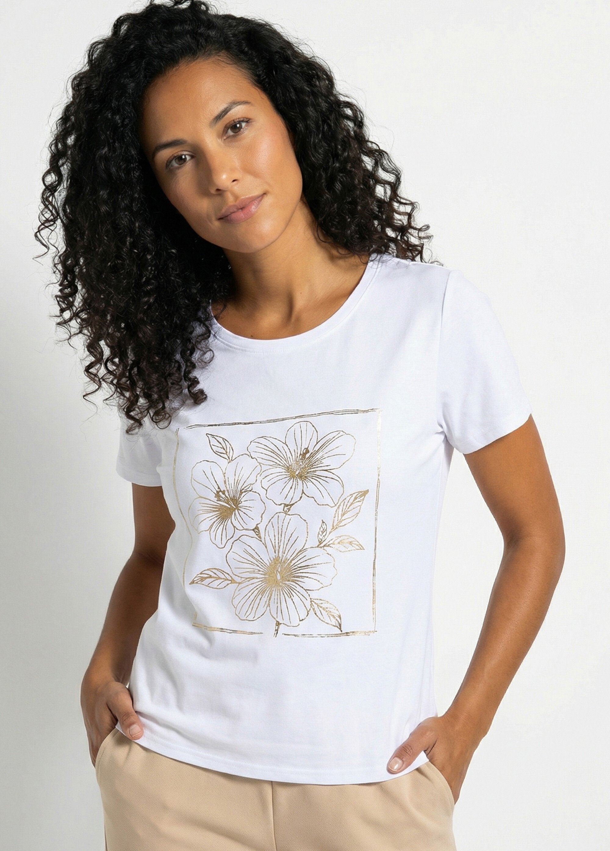 T-shirt motif doré col rond manches courtes Femme Blanc CLAVISSE MV1