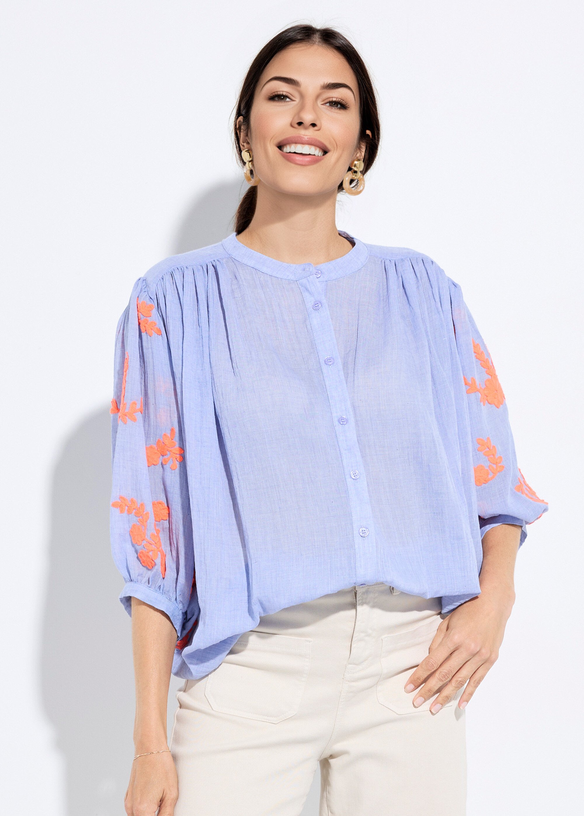 Blouse chambray, broderies contrastantes Femme Bleu JSM-CH3225 FA1