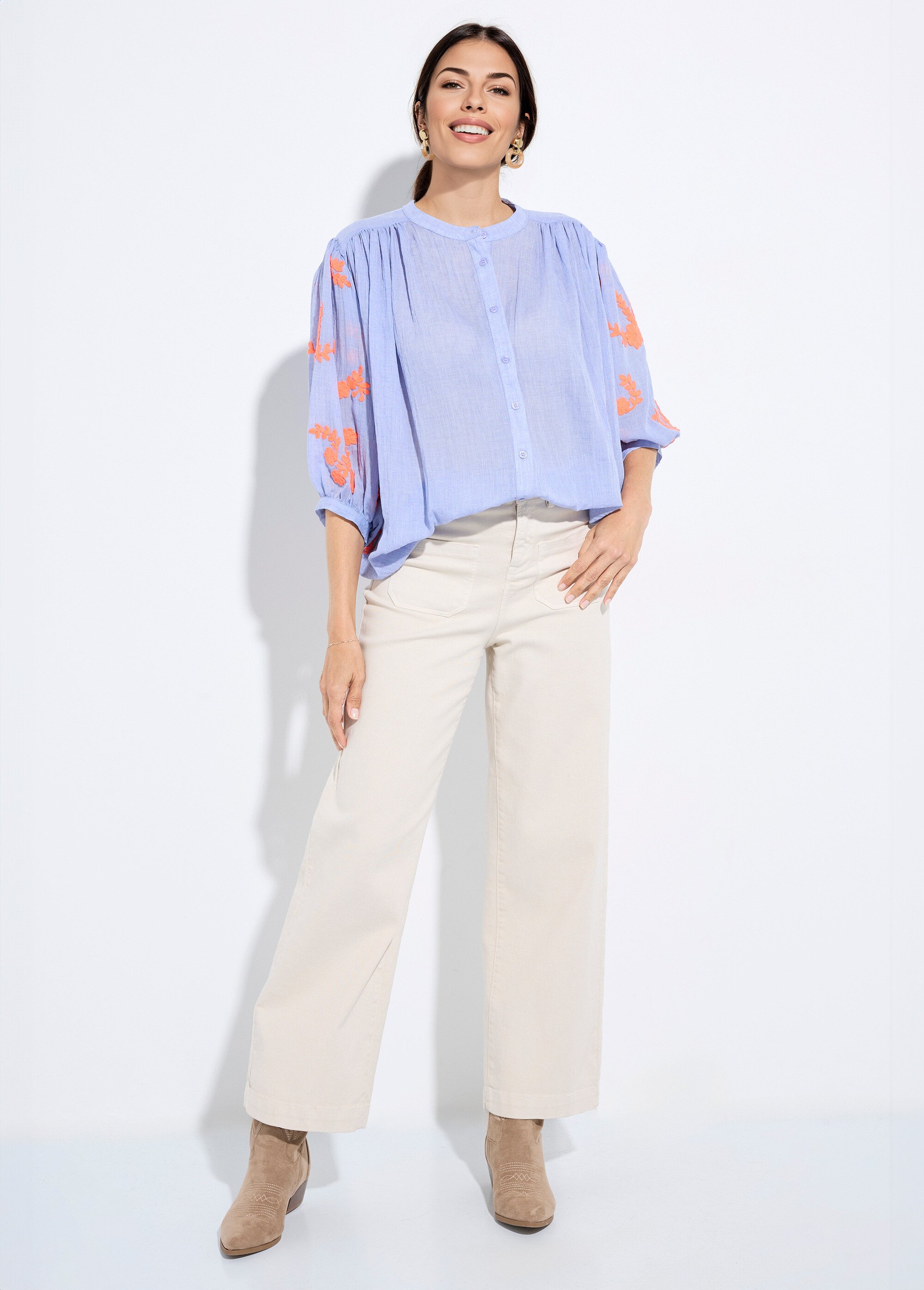 Blouse chambray, broderies contrastantes Femme Bleu JSM-CH3225 SF1