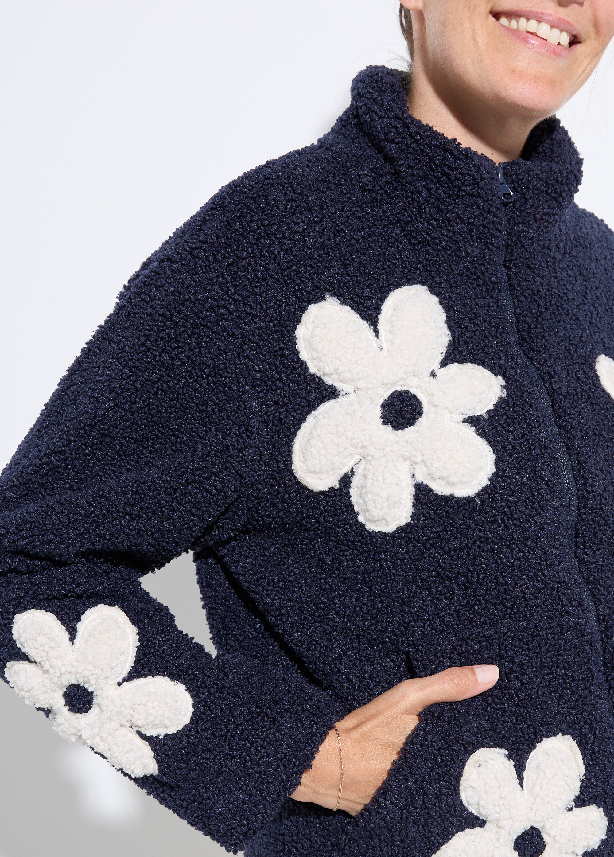 Blouson col montant motif grosses fleurs Femme Bleu LJ-5026 DE1