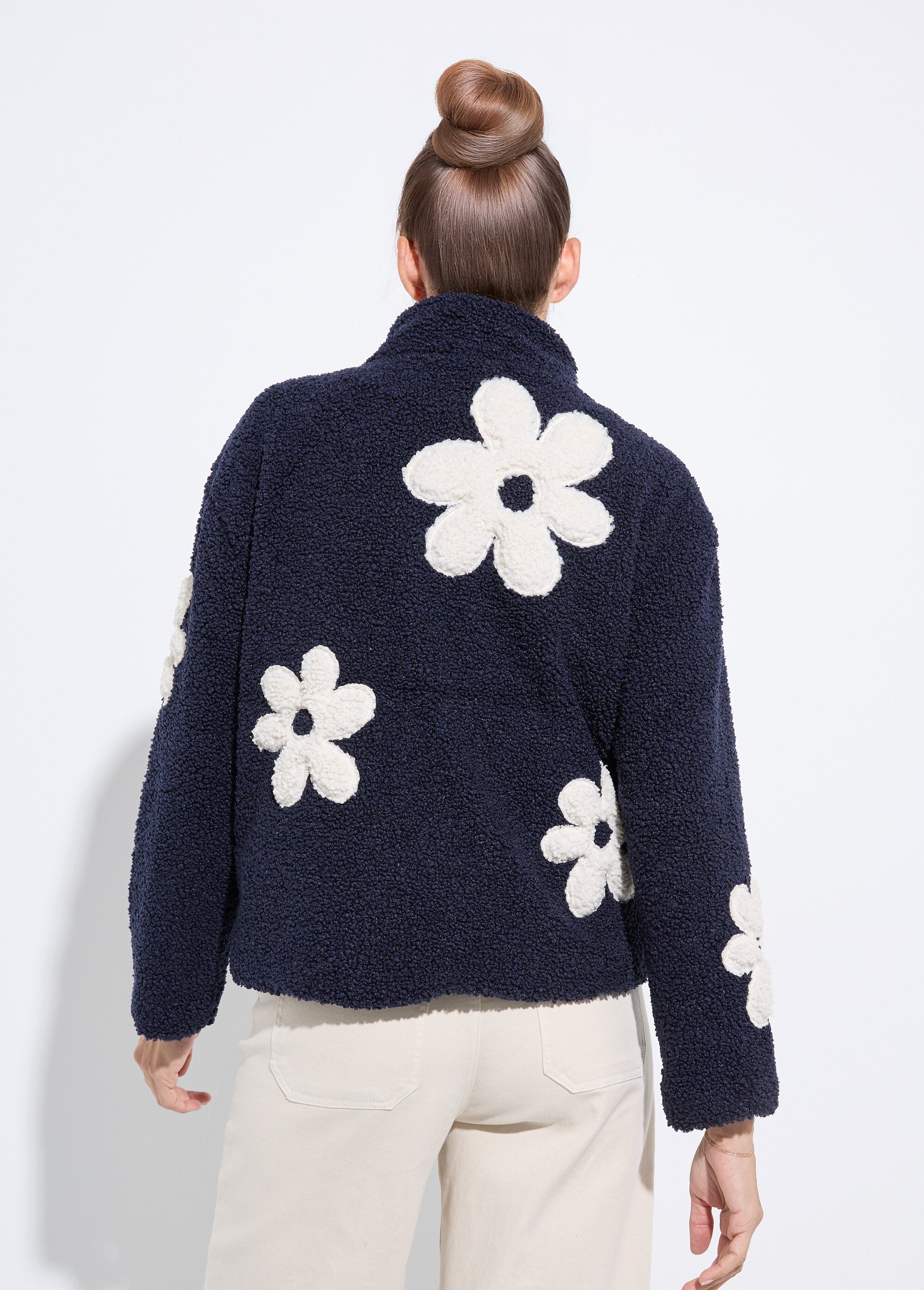 Blouson col montant motif grosses fleurs Femme Bleu LJ-5026 DO1