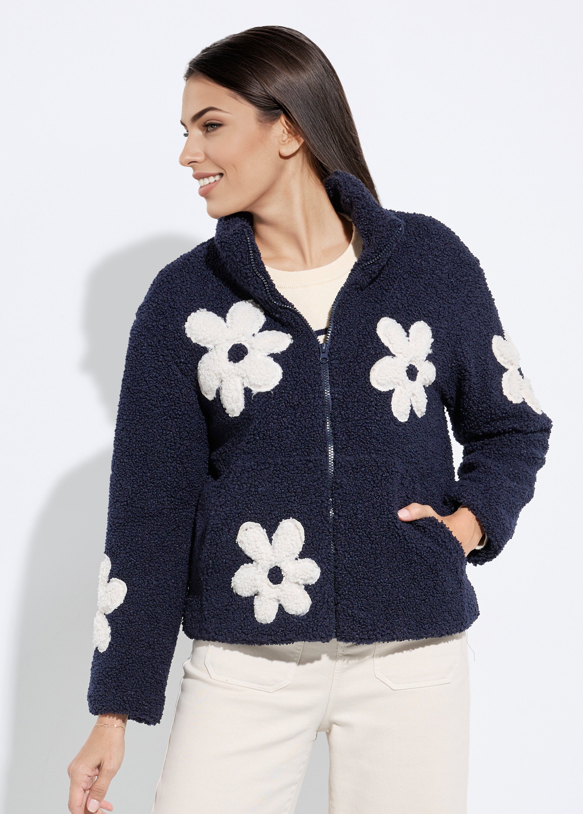 Blouson col montant motif grosses fleurs Femme Bleu LJ-5026 FA1