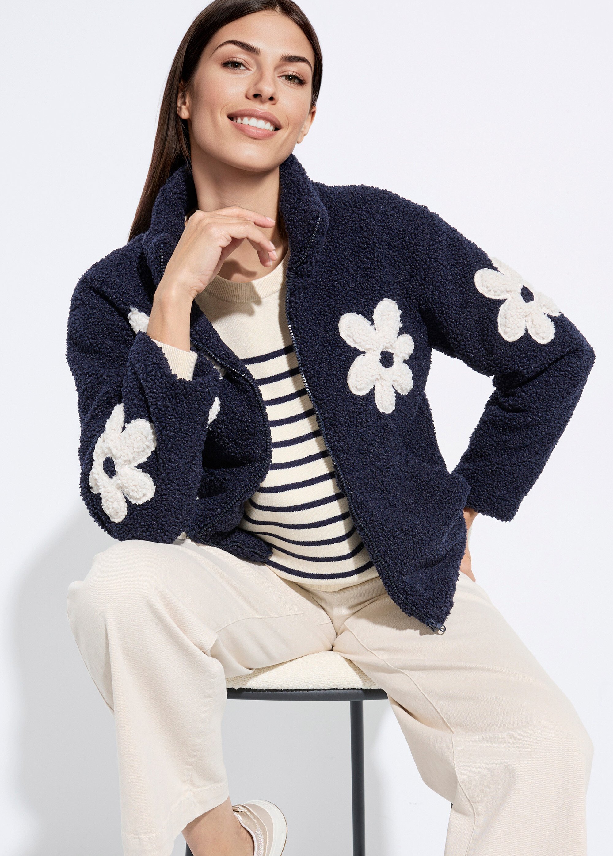 Blouson col montant motif grosses fleurs Femme Bleu LJ-5026 MV1