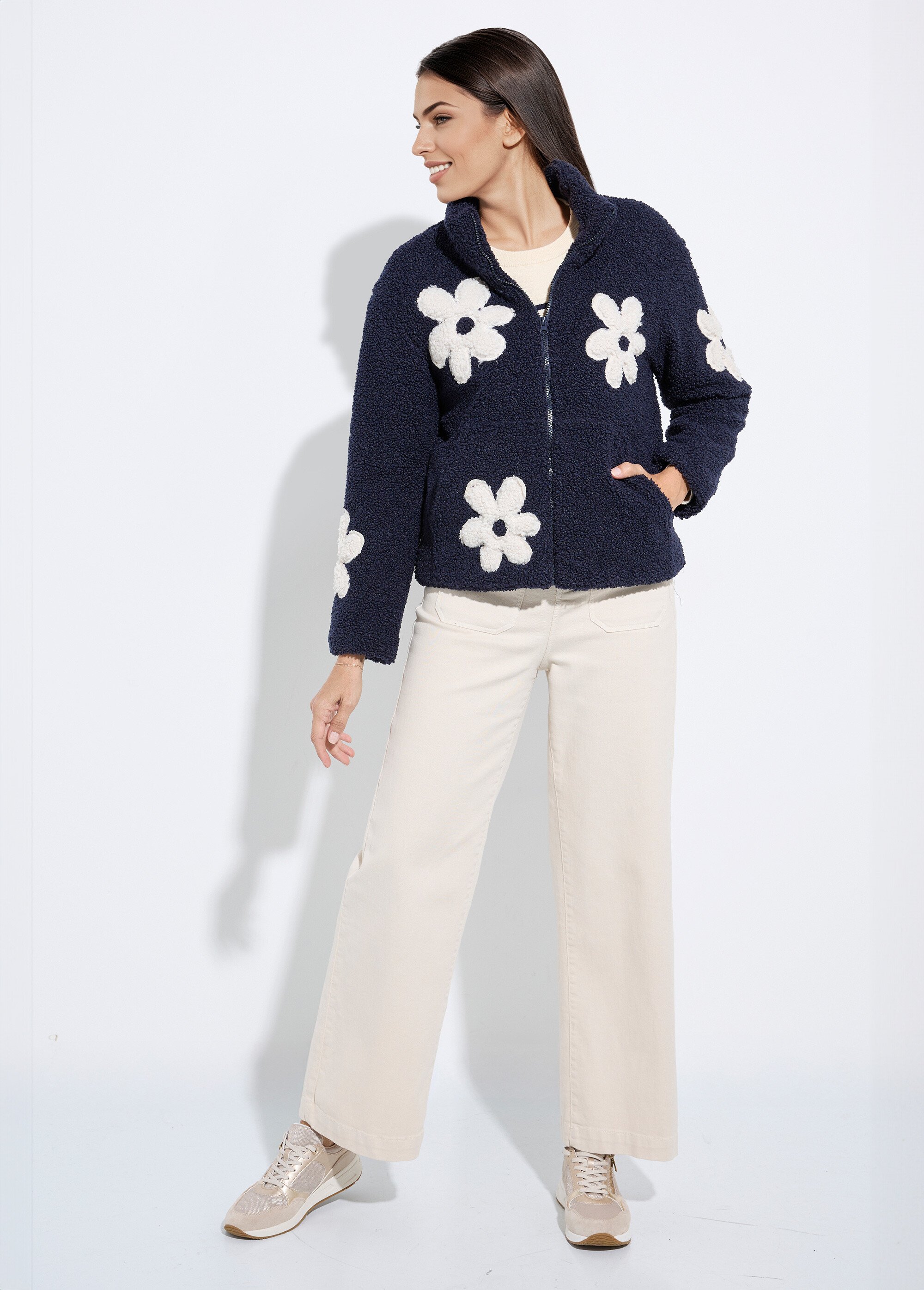 Blouson col montant motif grosses fleurs Femme Bleu LJ-5026 SF1