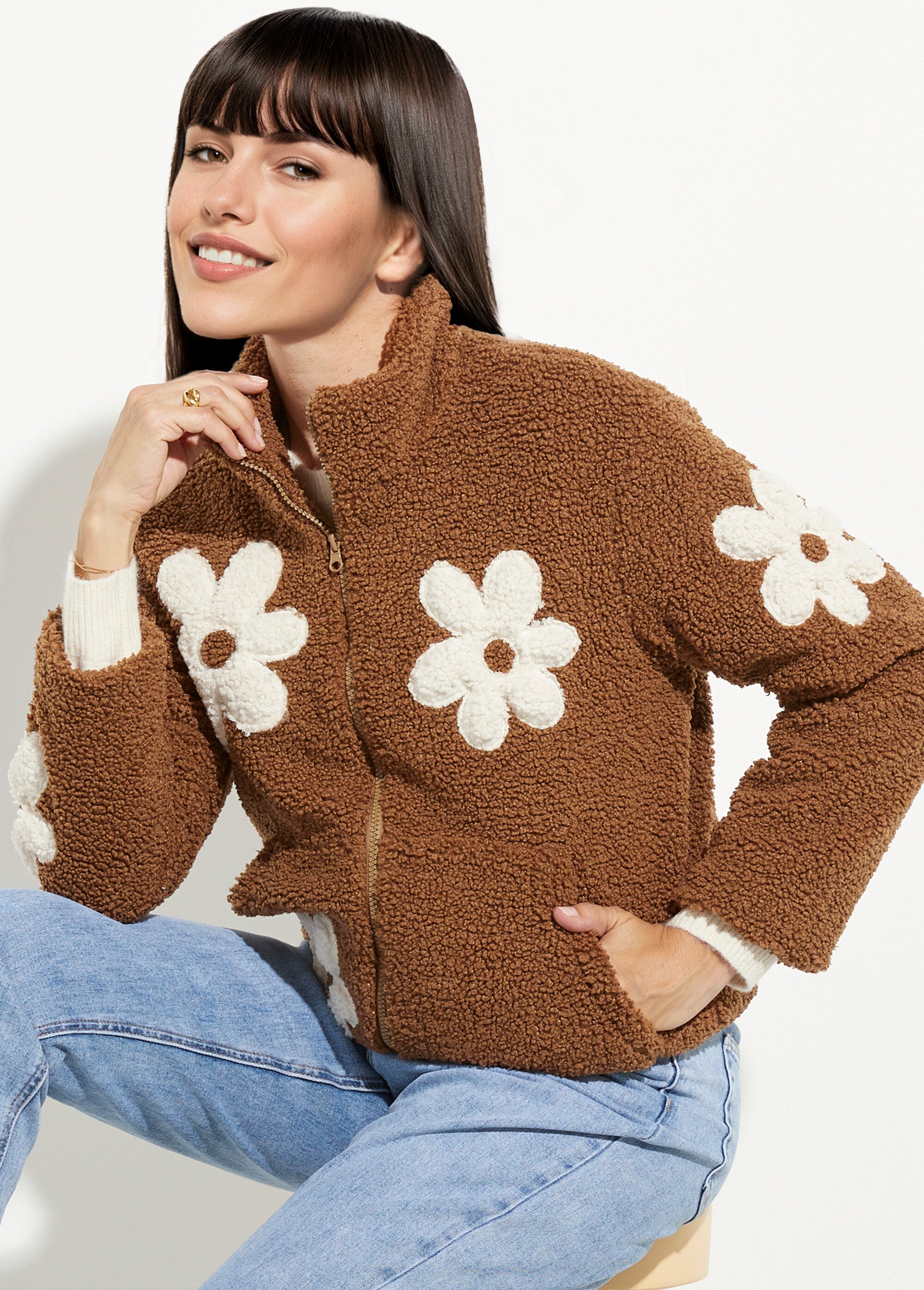 Blouson col montant motif grosses fleurs