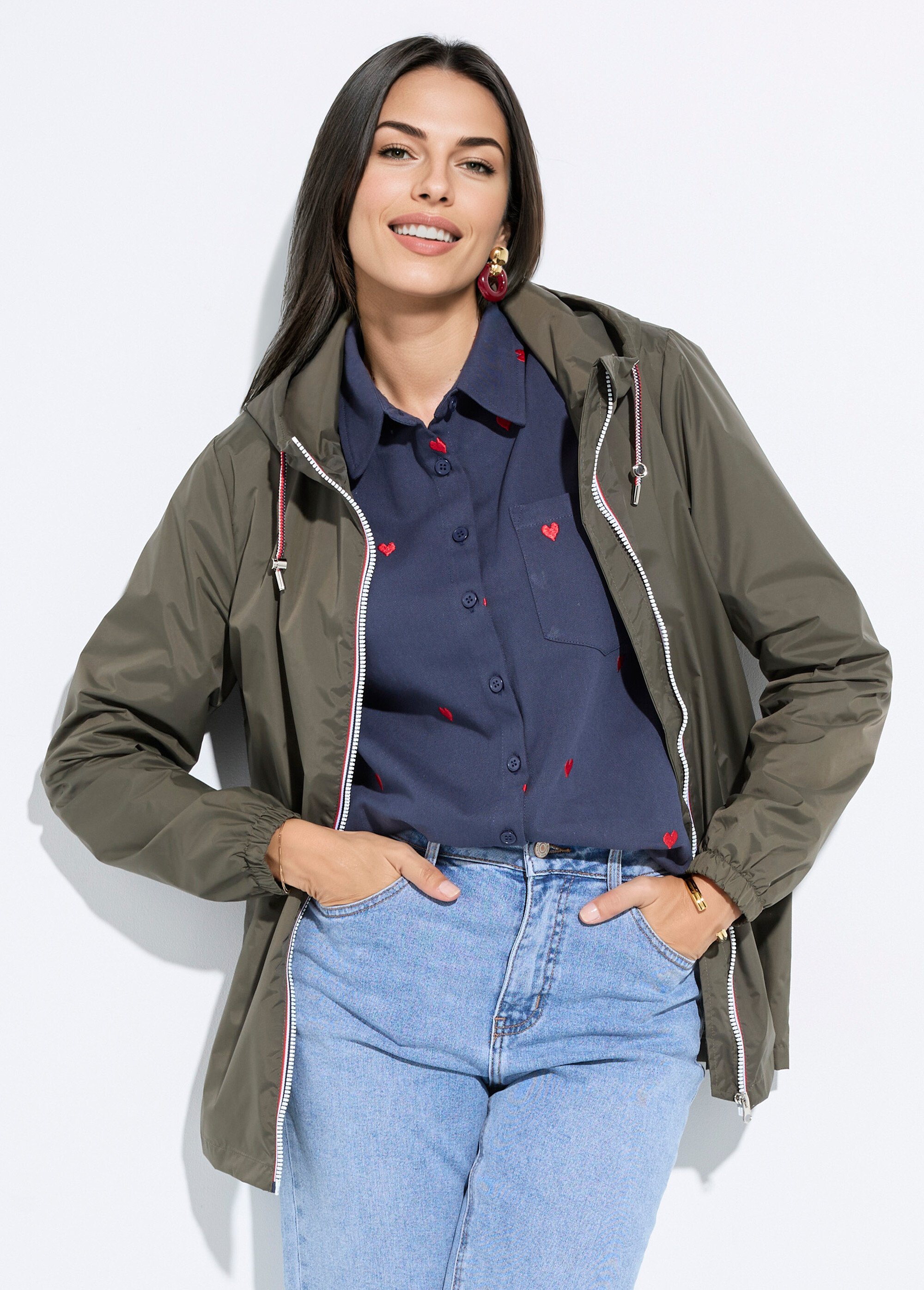 Coupe-vent déperlant à capuche, poches raglan Femme Vert LJ-23077 MV1