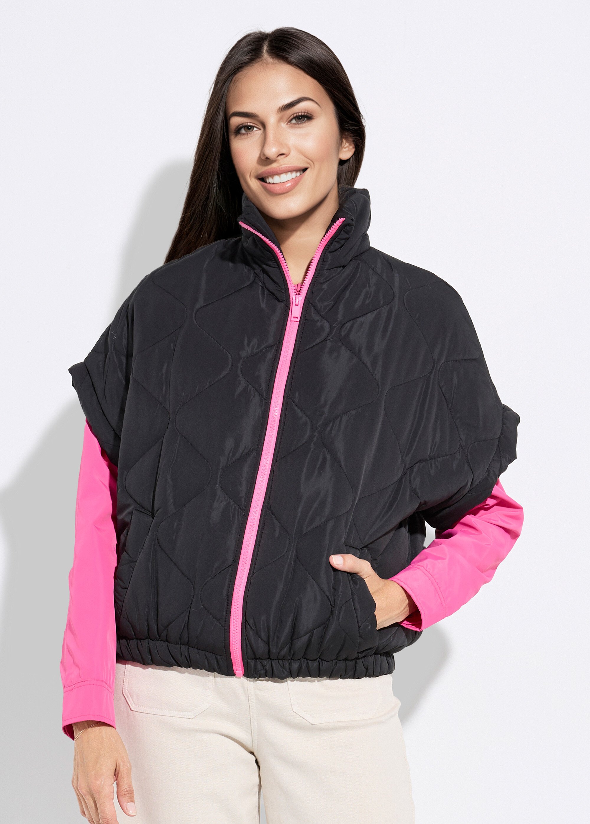 Doudoune sans manches mate, zip fluo Femme Noir JSM-JS-1113 FA1