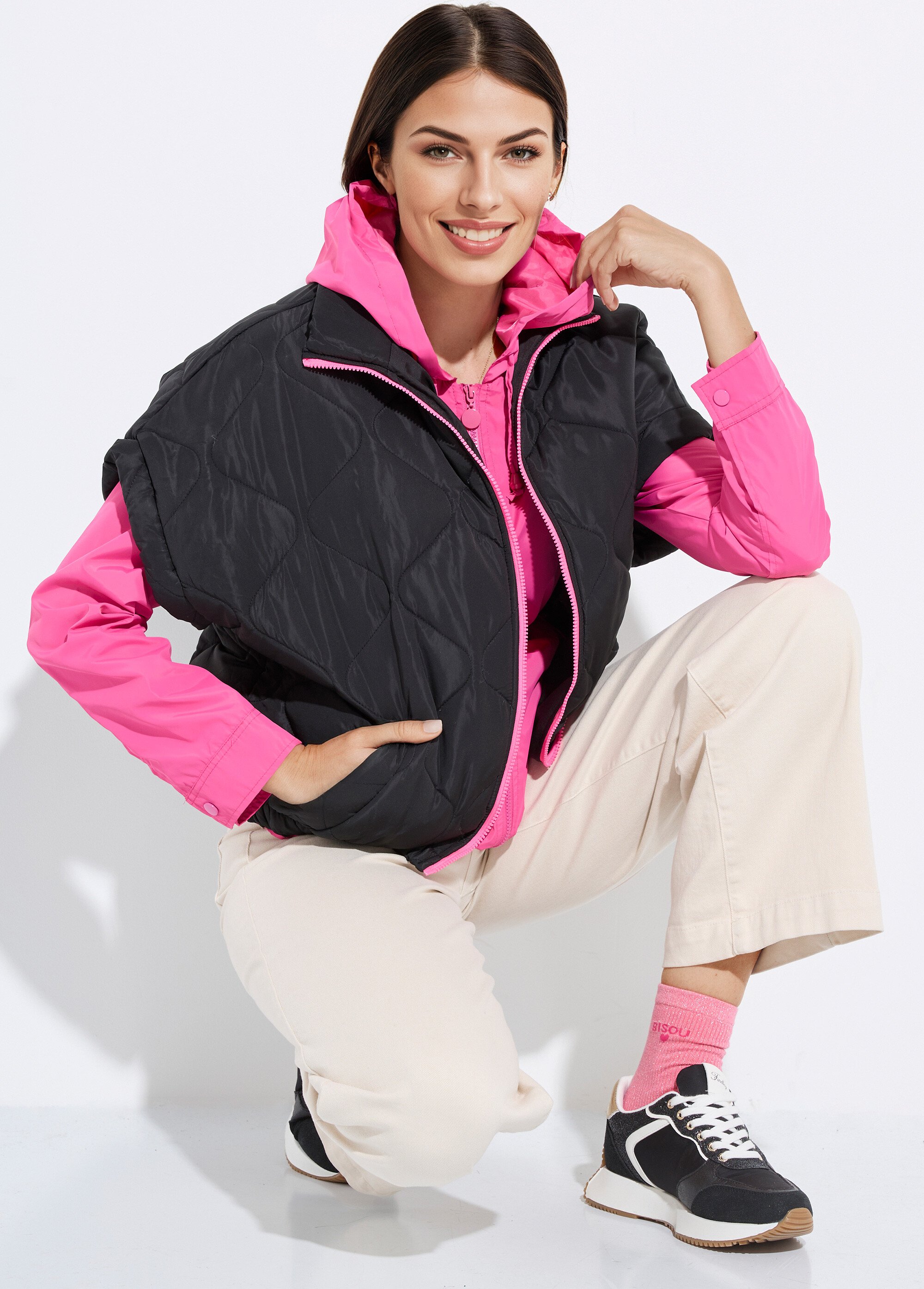 Doudoune sans manches mate, zip fluo Femme Noir JSM-JS-1113 MV1