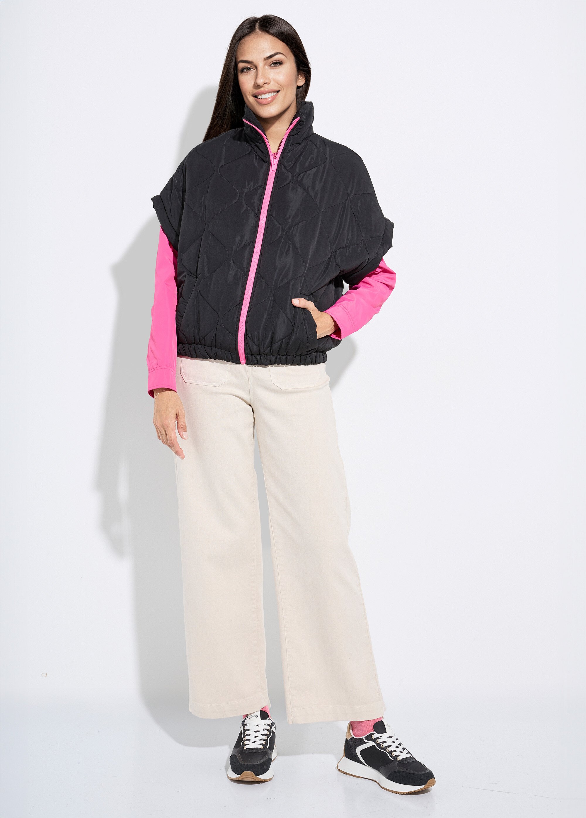 Doudoune sans manches mate, zip fluo Femme Noir JSM-JS-1113 SF1