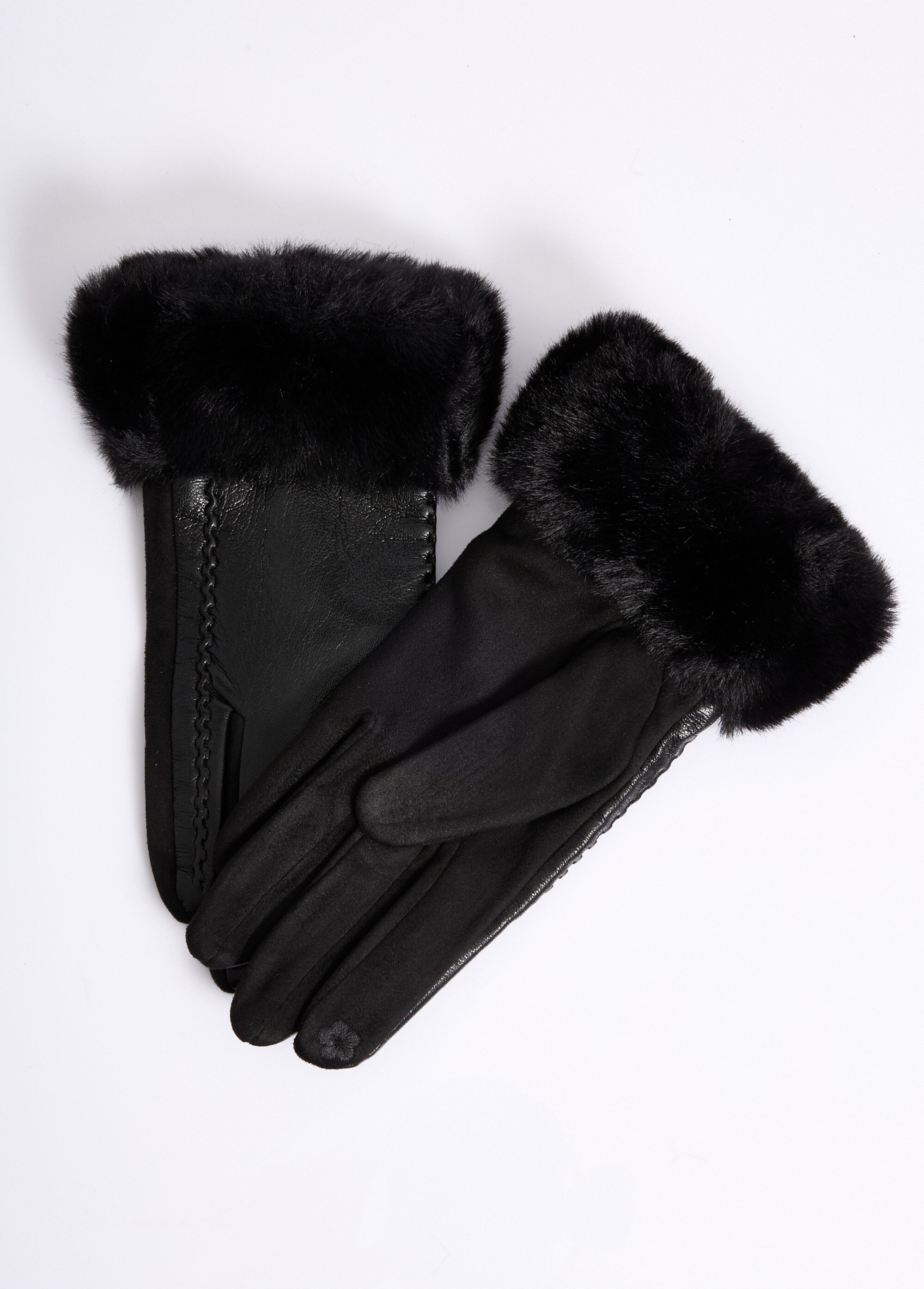 Gants en simili cuir et poignet fourrure Femme Noir NES180LFG2317 DE1