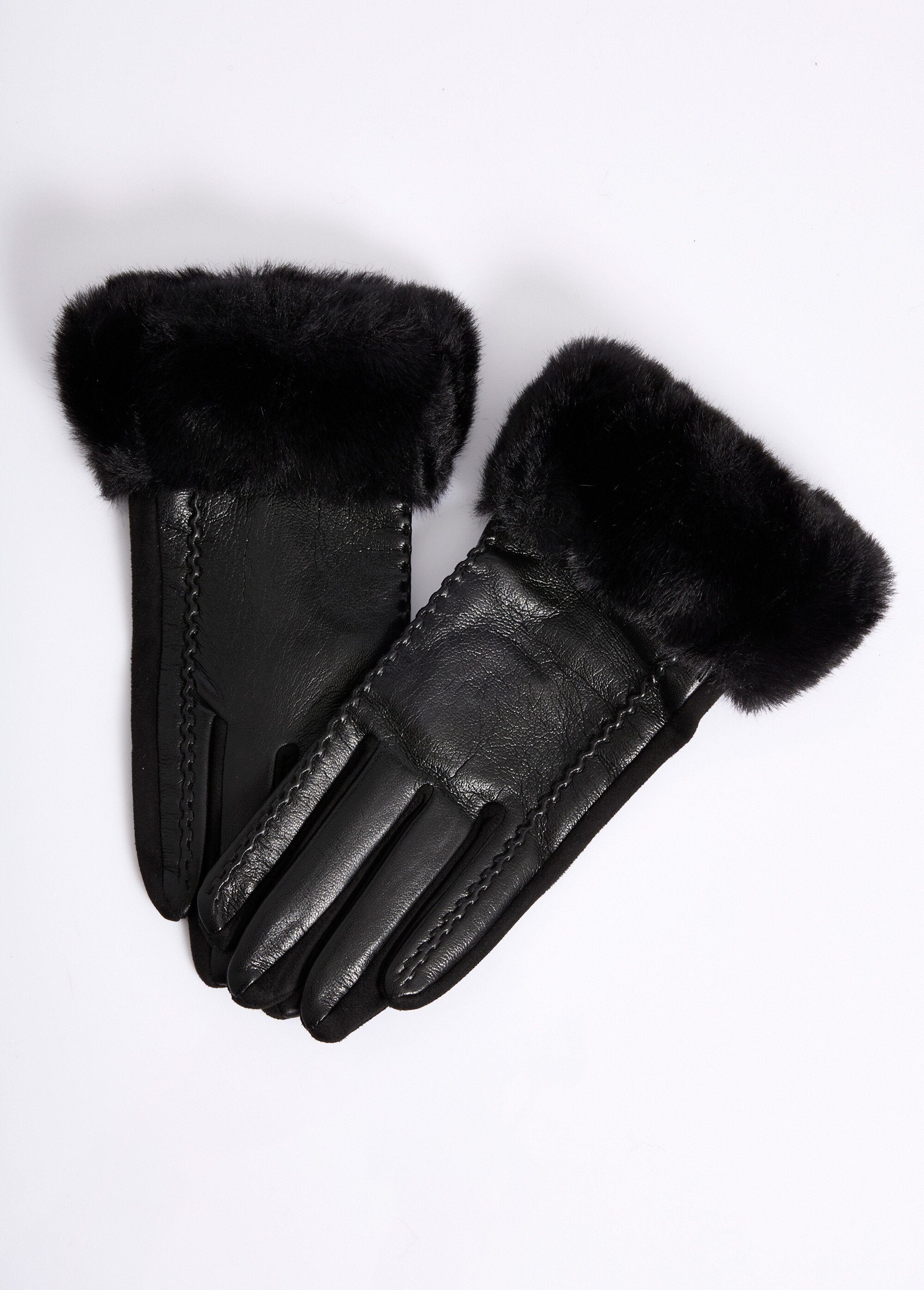 Gants en simili cuir et poignet fourrure Femme Noir NES180LFG2317 FA1