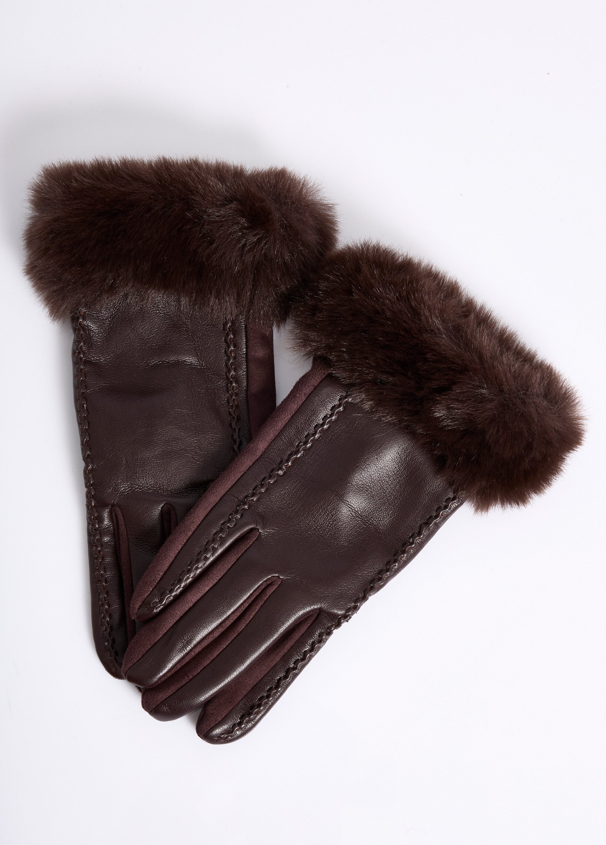 Gants en simili cuir et poignet fourrure Femme Marron NES180LFG2317 FA1