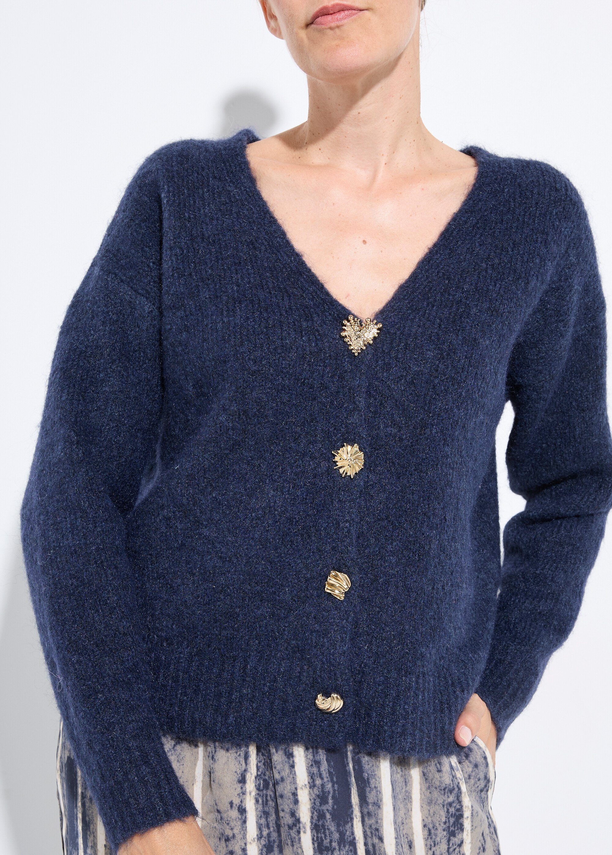 Gilet chaud en laine avec boutons bijoux Femme Bleu JSM-JP-7967 DE1