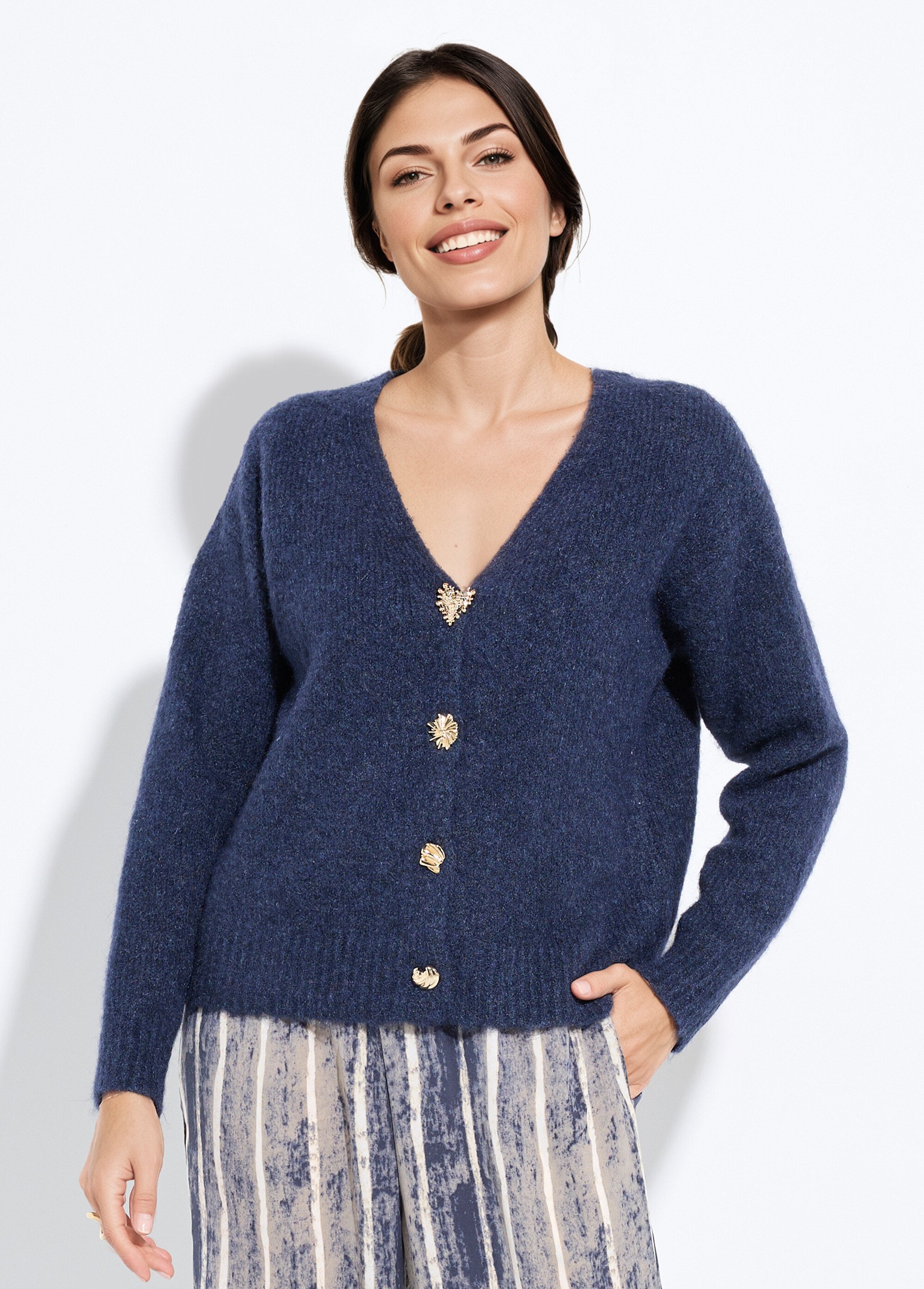 Gilet chaud en laine avec boutons bijoux Femme Bleu JSM-JP-7967 FA1