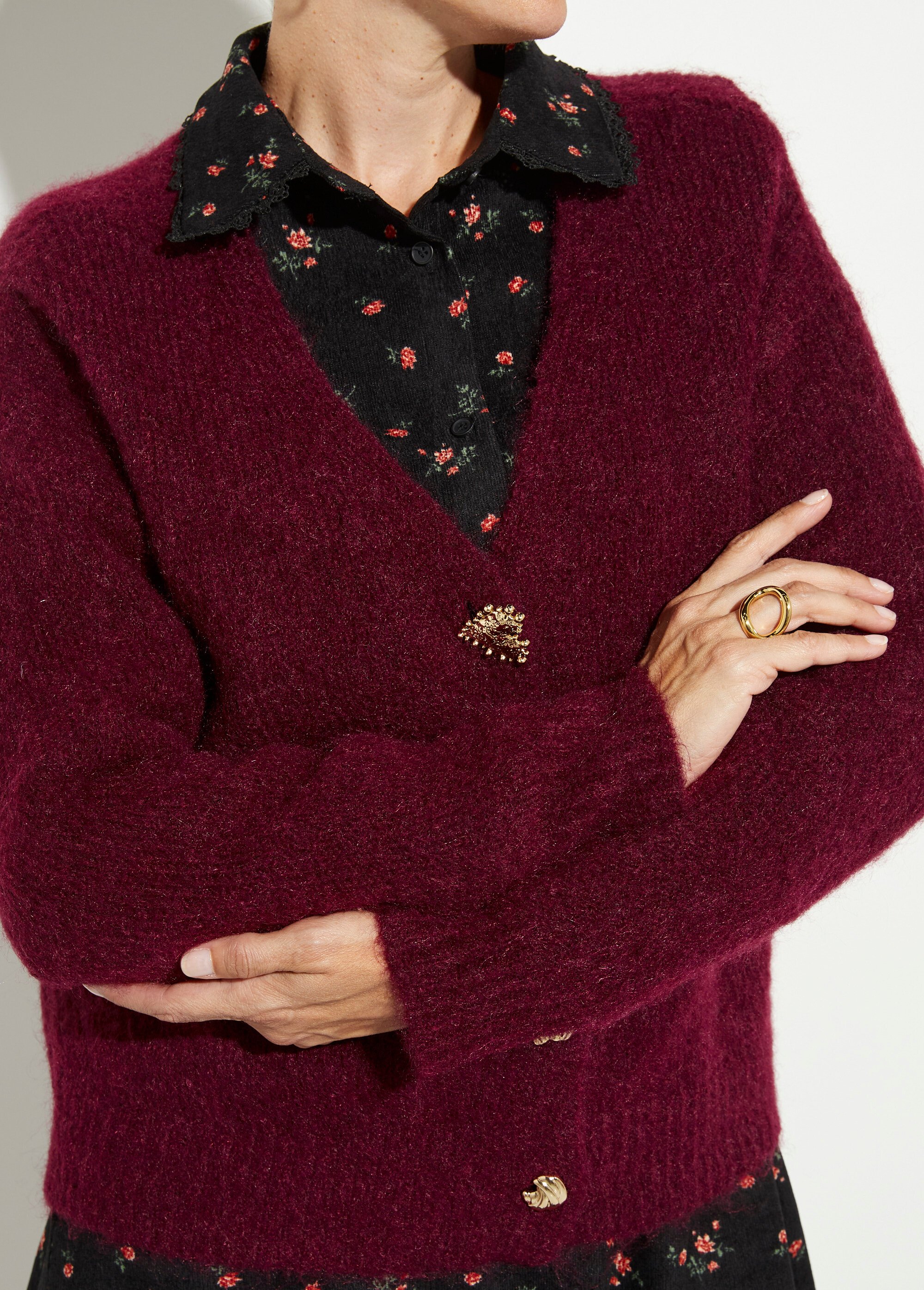 Gilet chaud en laine avec boutons bijoux Femme Rouge JSM-JP-7967 DE1