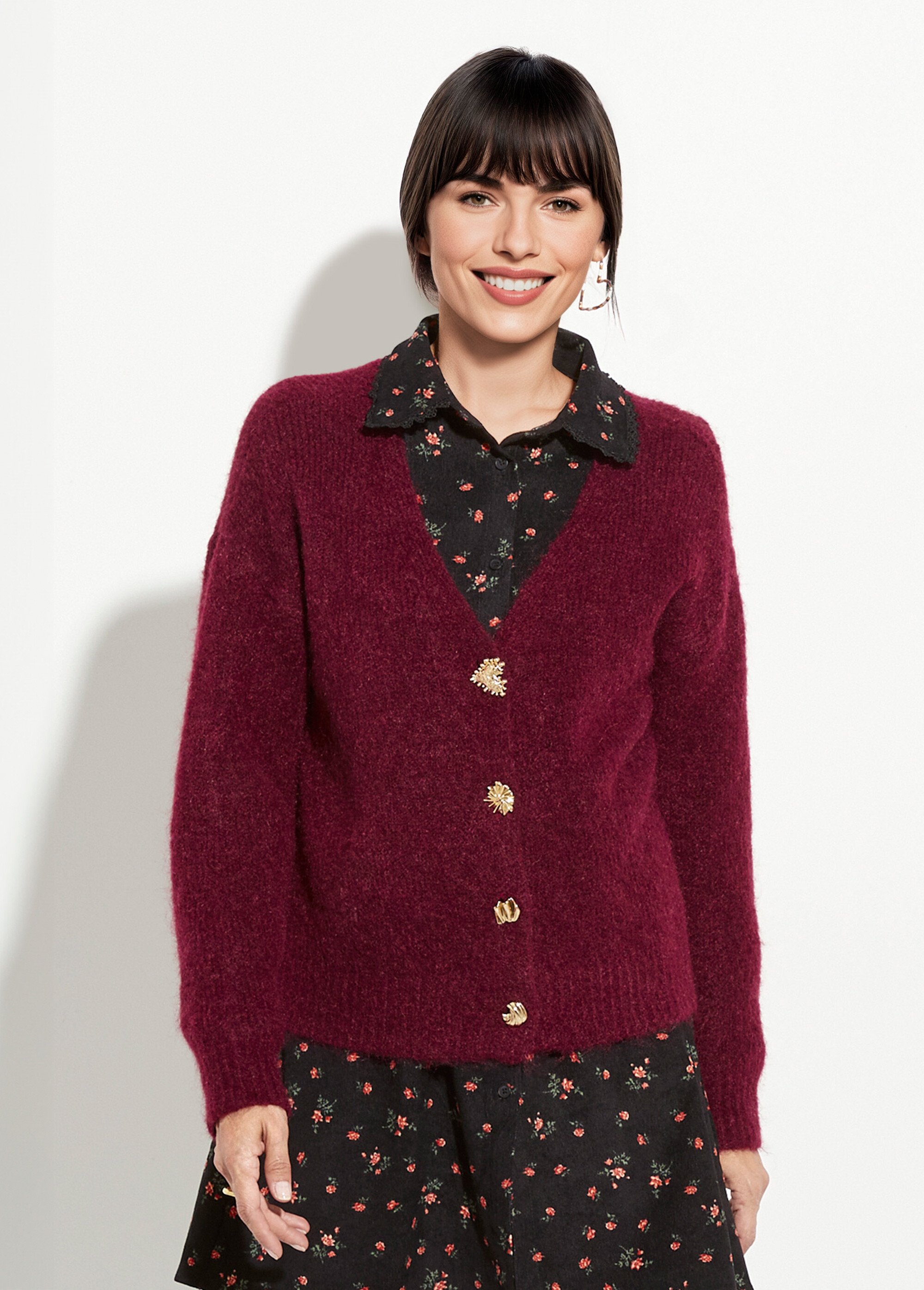 Gilet chaud en laine avec boutons bijoux Femme Rouge JSM-JP-7967 FA1