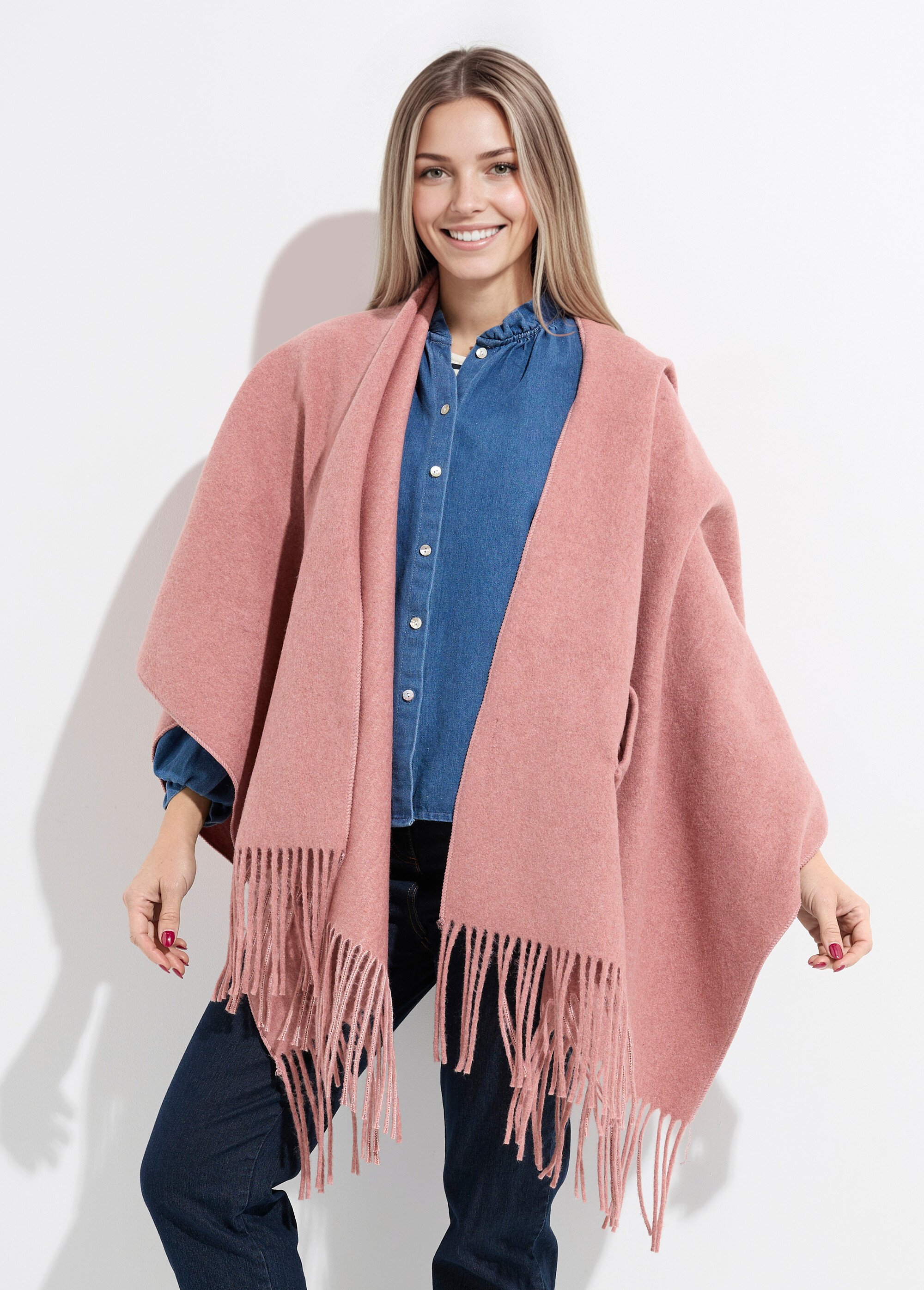 Manteau cape à franges aspect lainage Femme Rose LBV-831V FA1