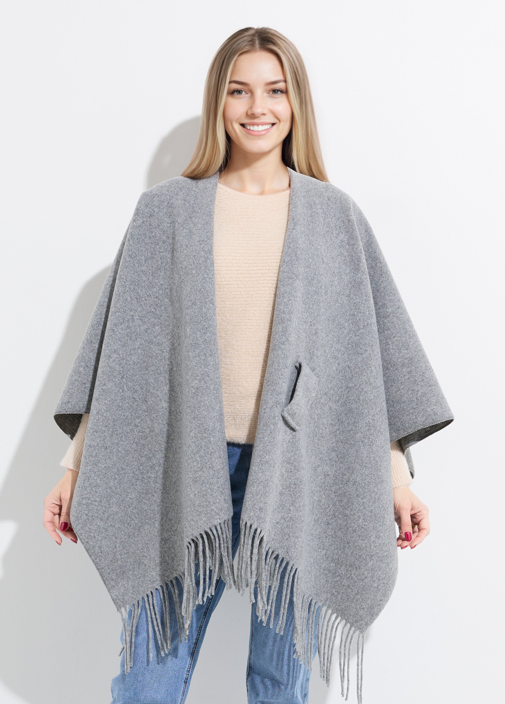 Manteau cape à franges aspect lainage Femme Gris LBV-831V FA1