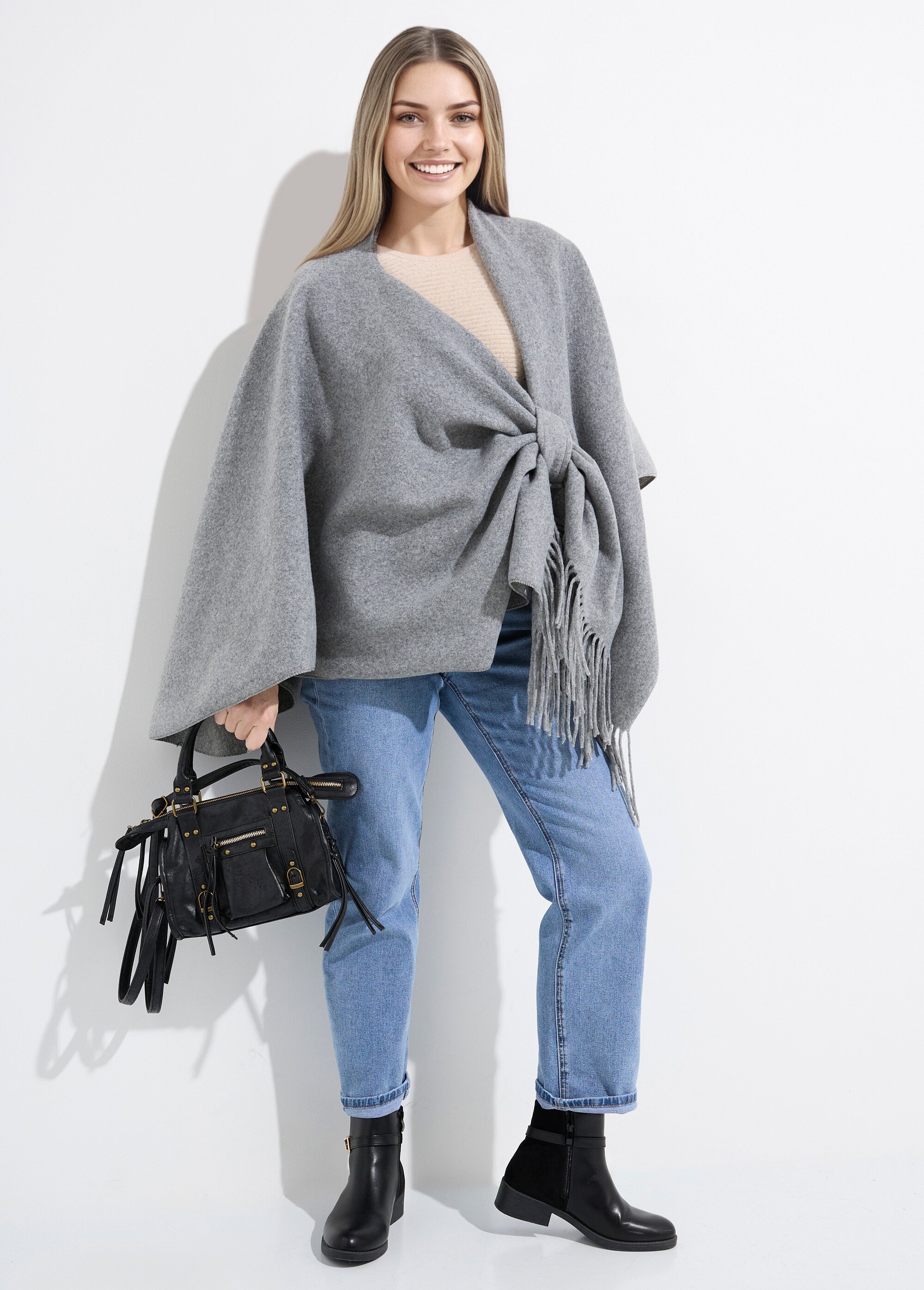 Manteau cape à franges aspect lainage Femme Gris LBV-831V SI1