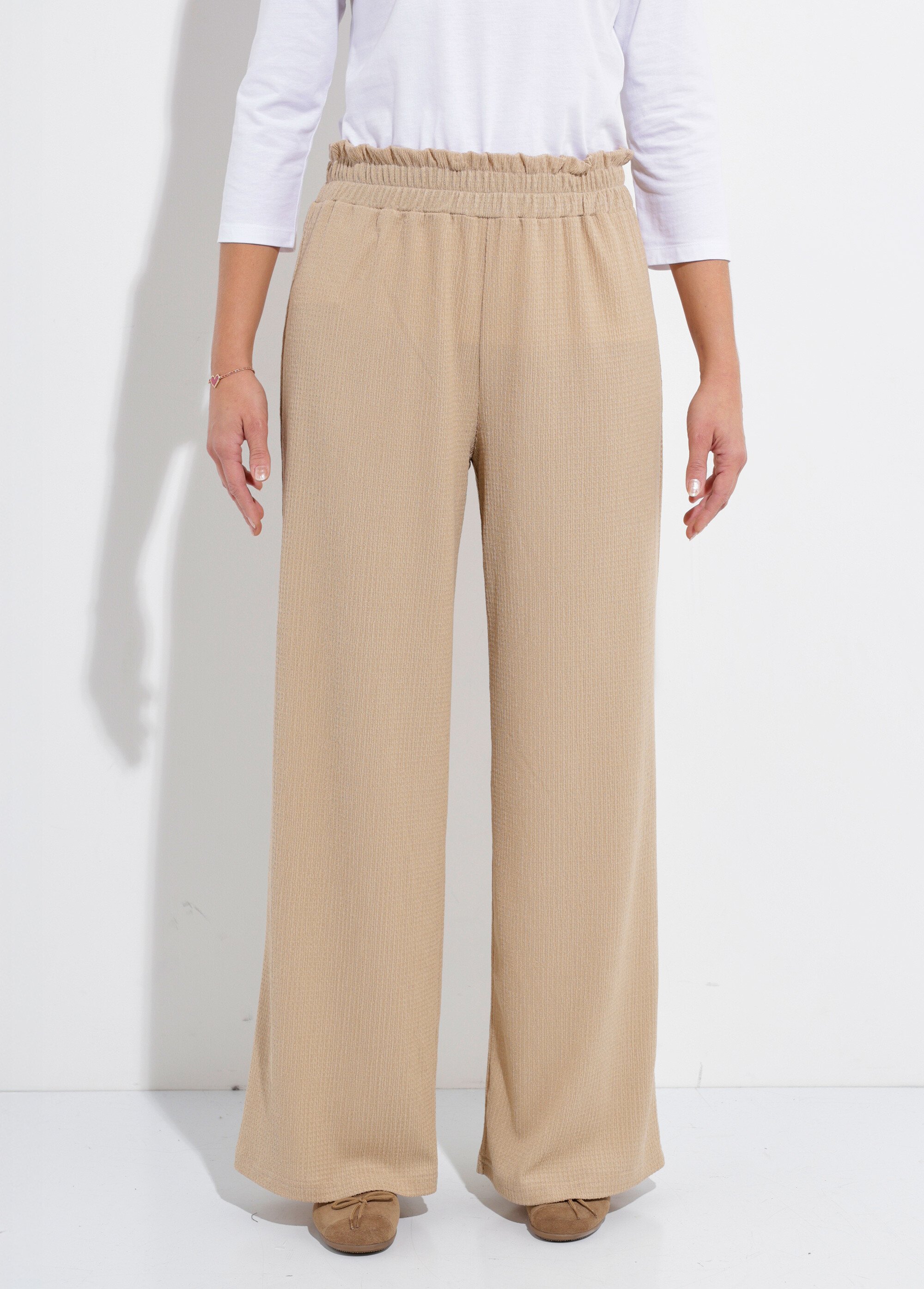 Pantalon vert large taille élastiquée maille relief Femme Beige NARRO FA1