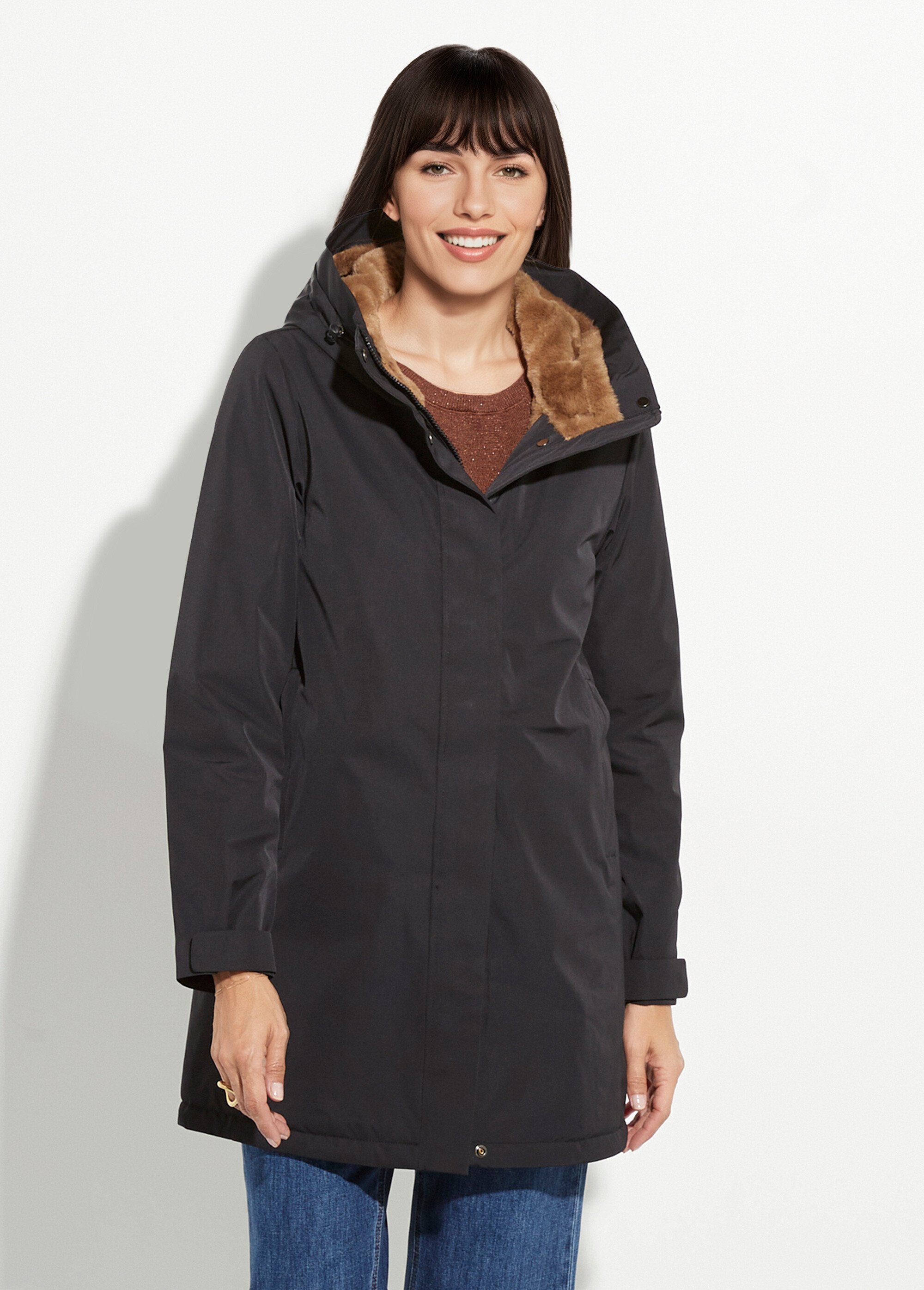 Parka chaude déperlante doublure fourrure Femme Noir LJ-6046 FA1