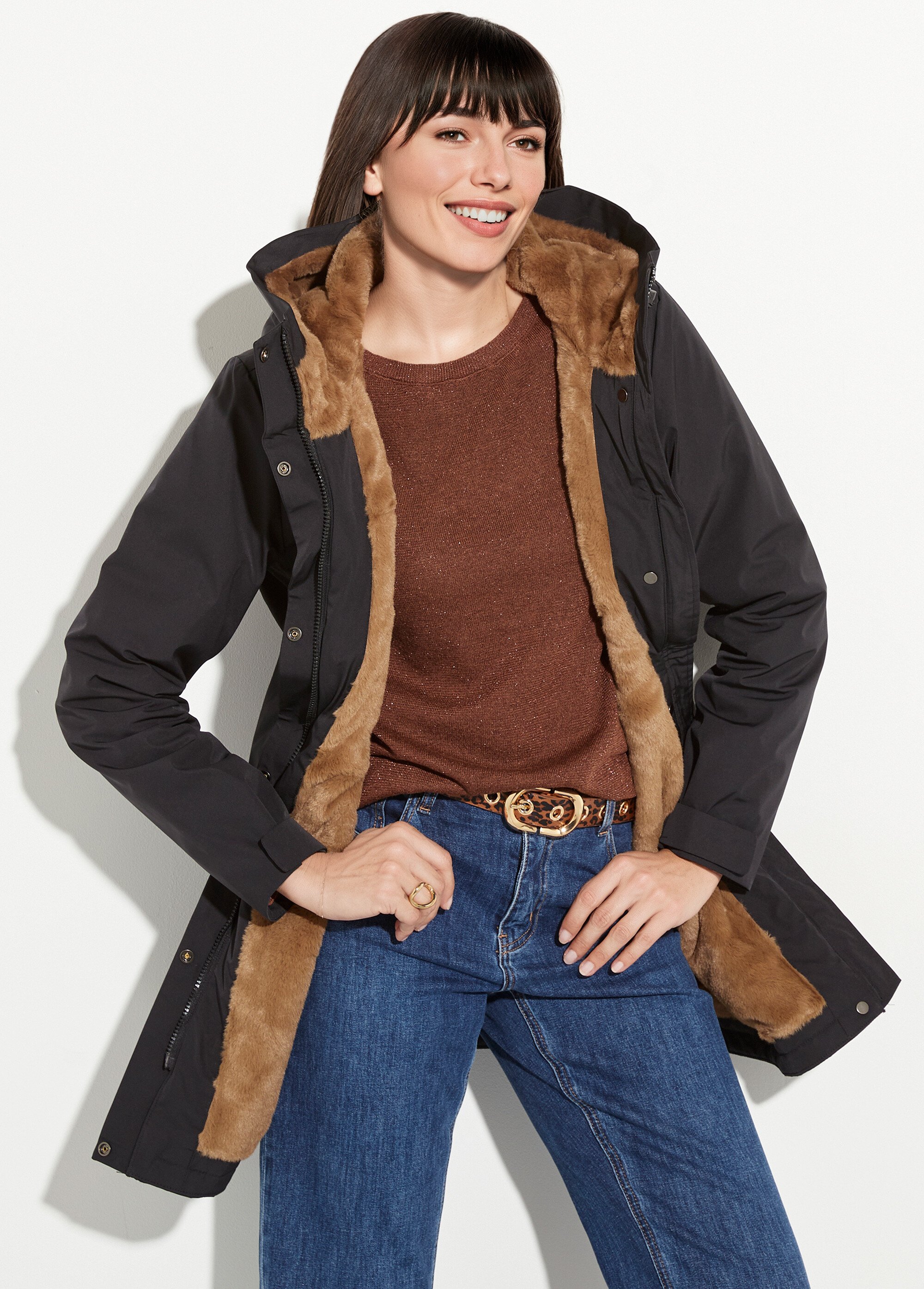 Parka chaude déperlante doublure fourrure Femme Noir LJ-6046 MV1