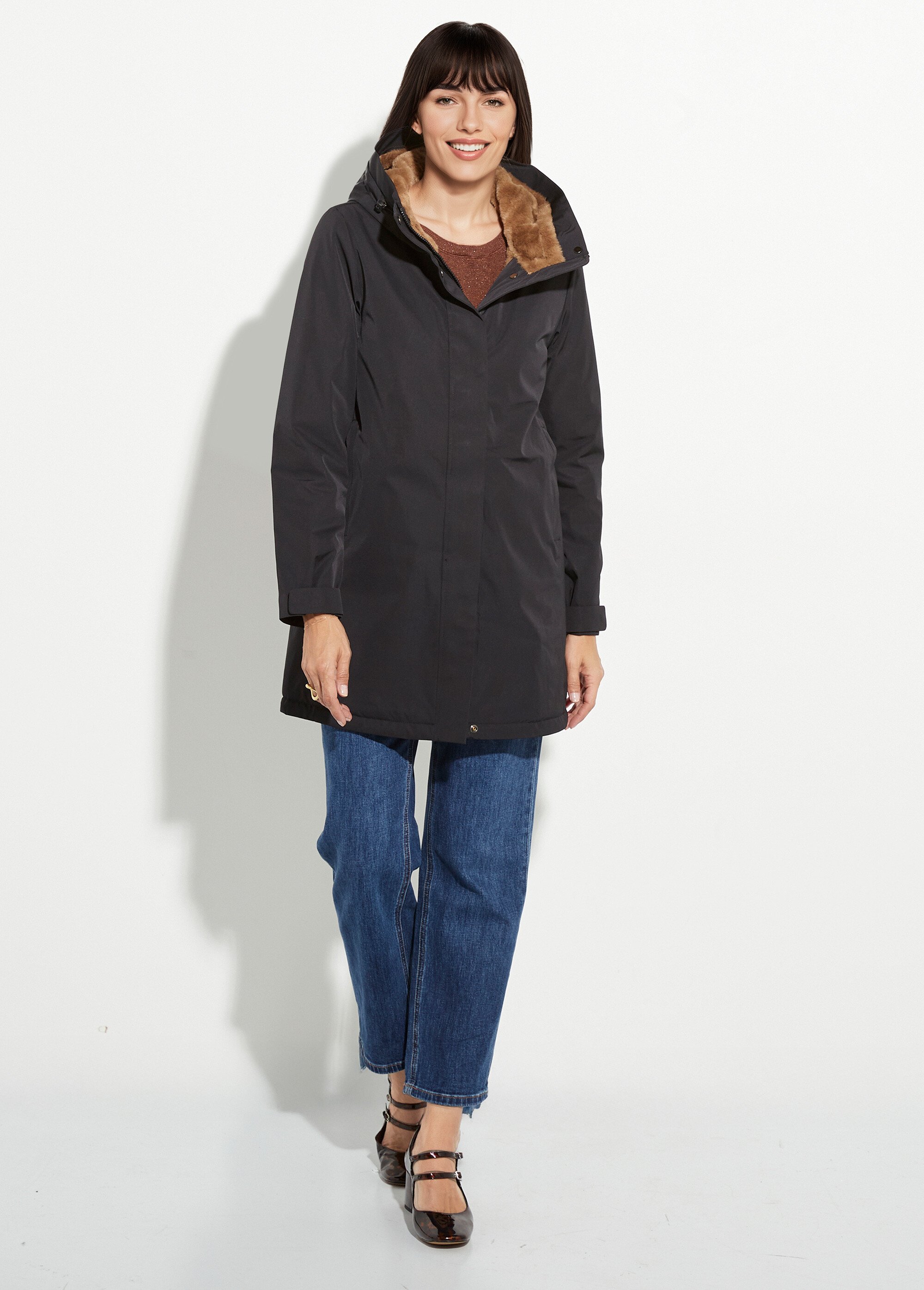 Parka chaude déperlante doublure fourrure Femme Noir LJ-6046 SF1
