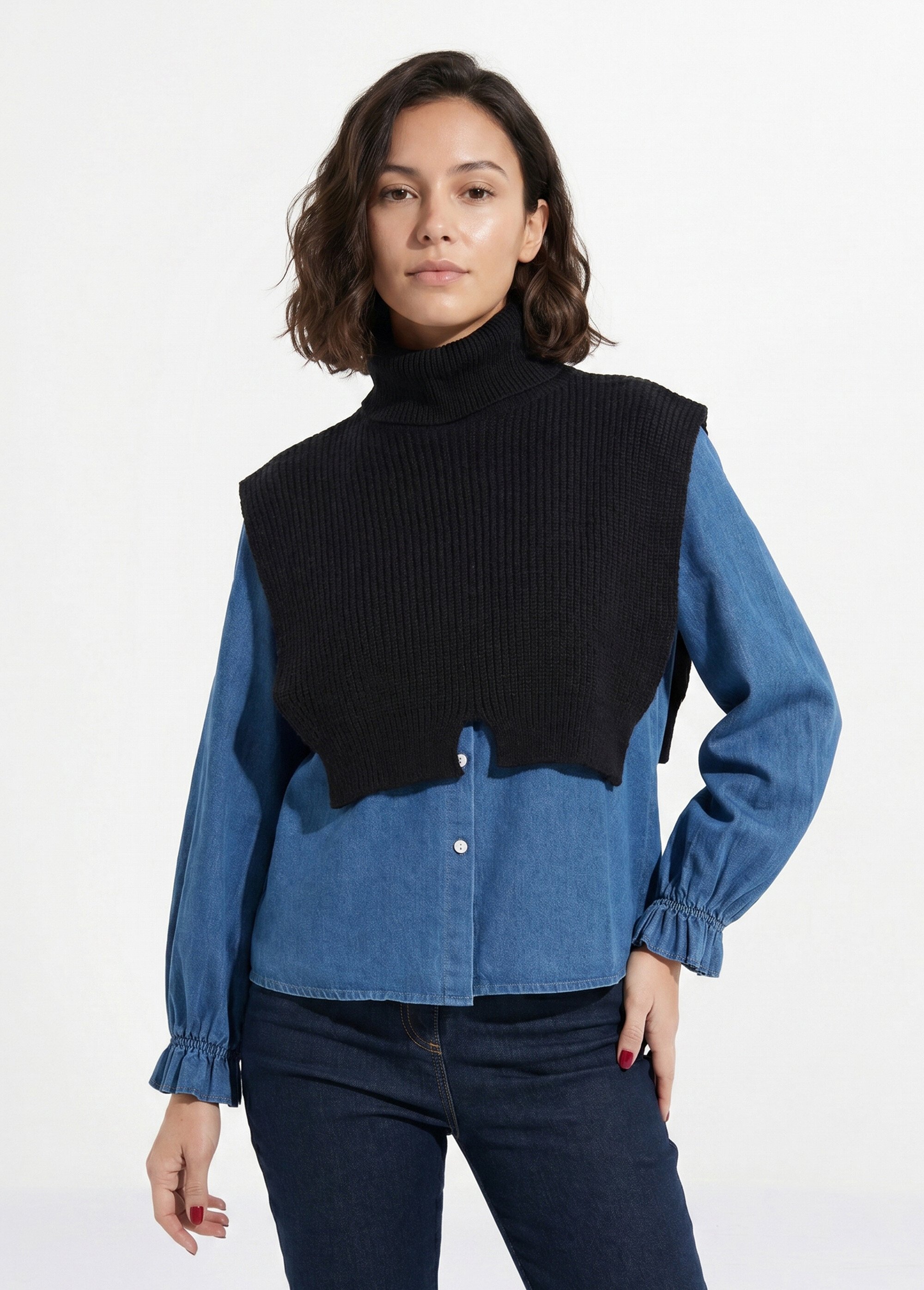 Plastron chaud col roulé en maille Femme Noir NES180COL2501 FA1