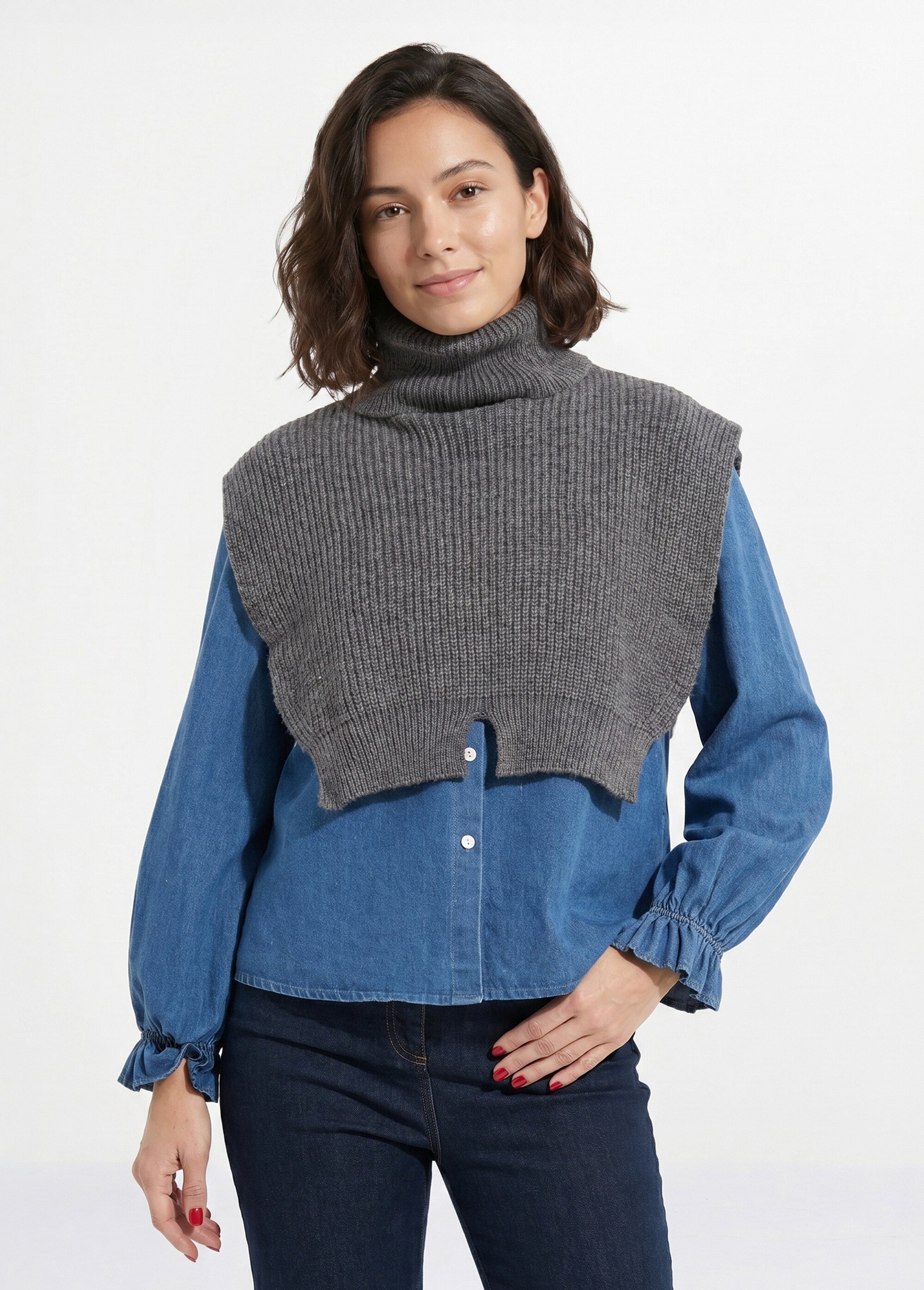 Plastron chaud col roulé en maille Femme Gris NES180COL2501 FA1