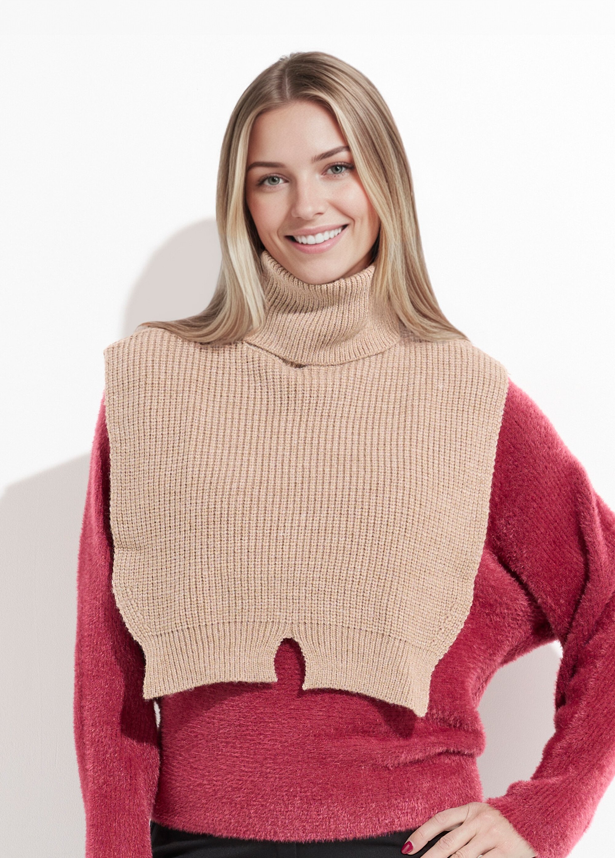 Plastron chaud col roulé en maille Femme Marron NES180COL2501 FA1