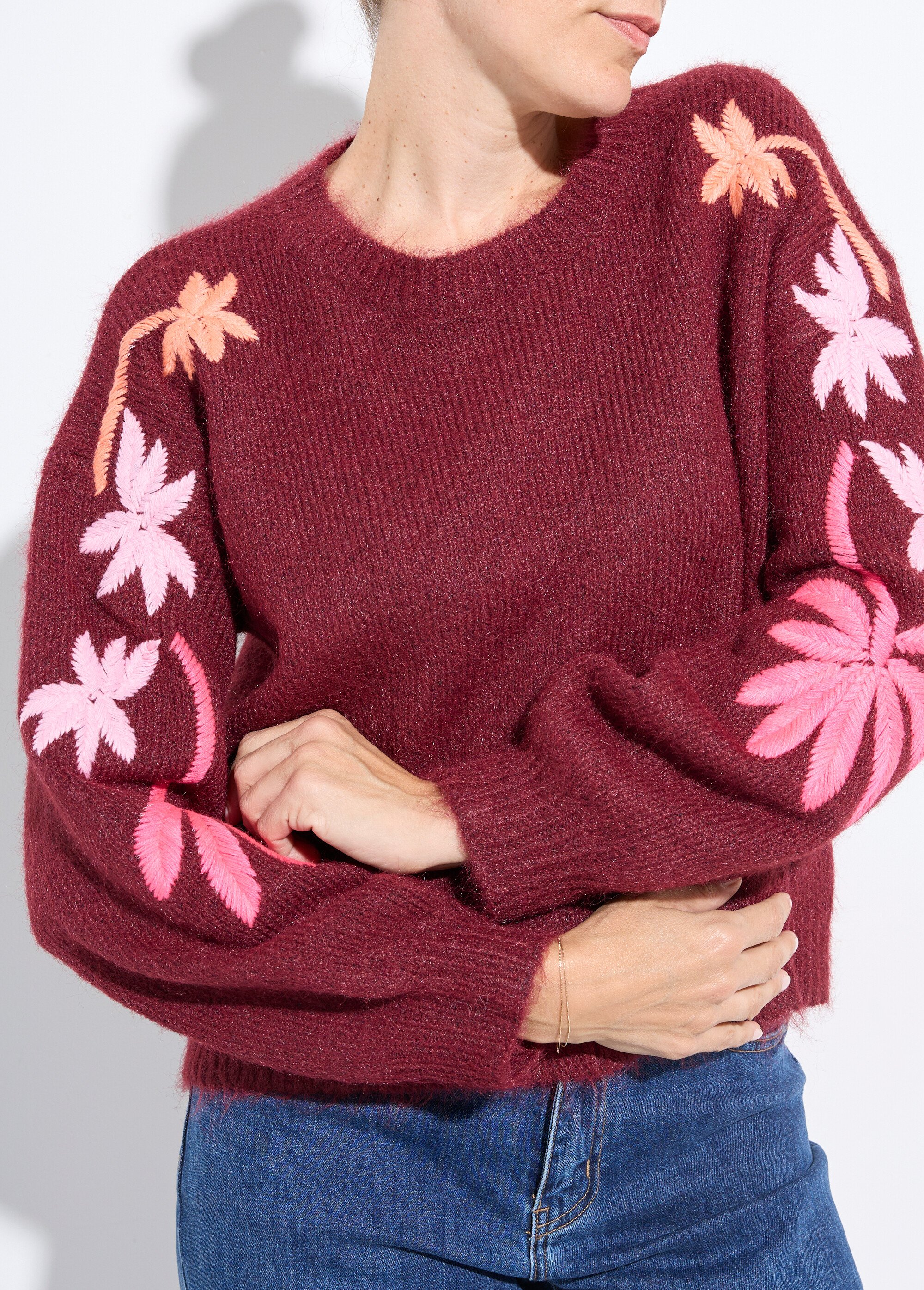Pull chaud laine broderies fluo palmiers Femme Rouge JSM-JP-7910 DE1