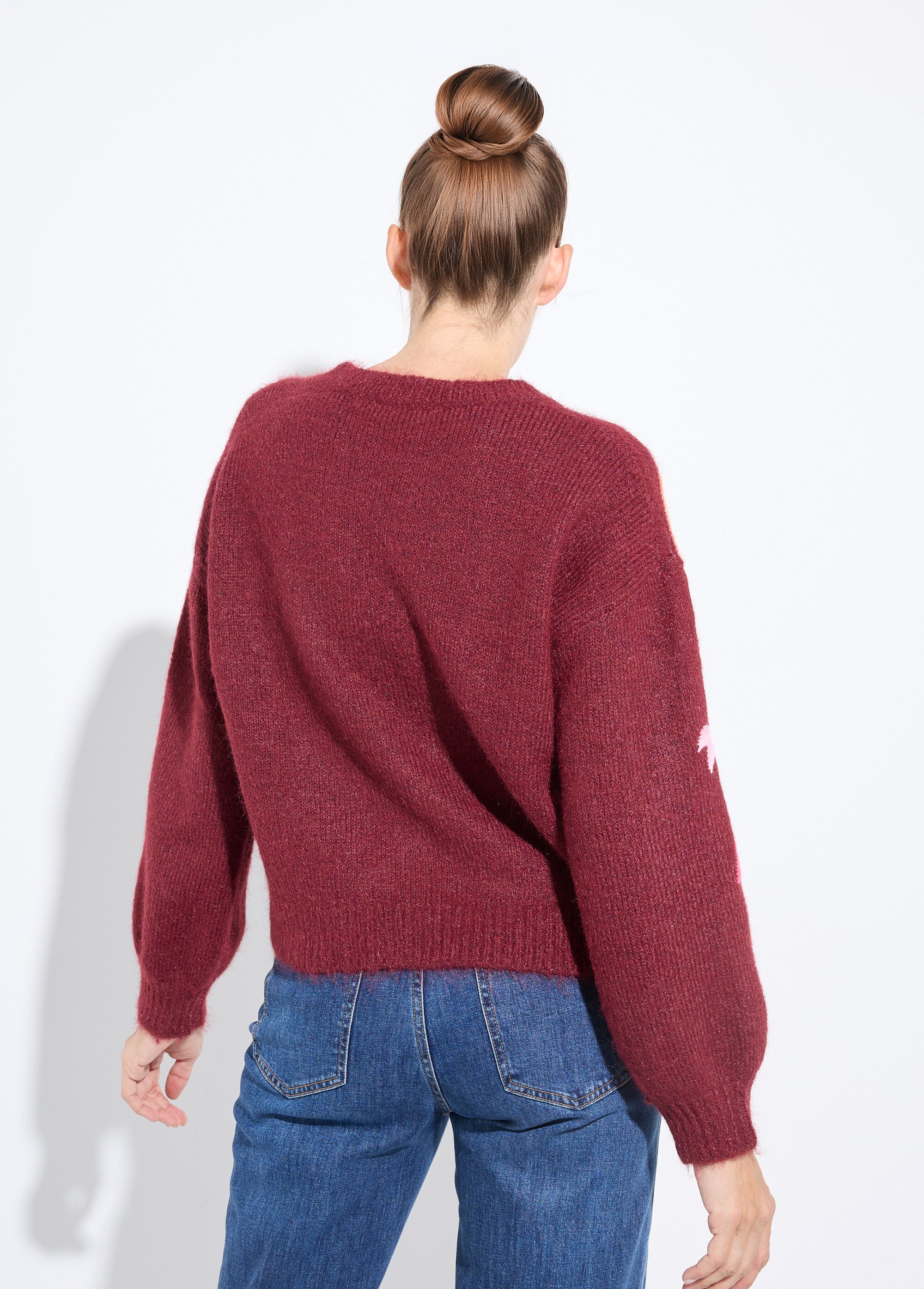 Pull chaud laine broderies fluo palmiers Femme Rouge JSM-JP-7910 DO1