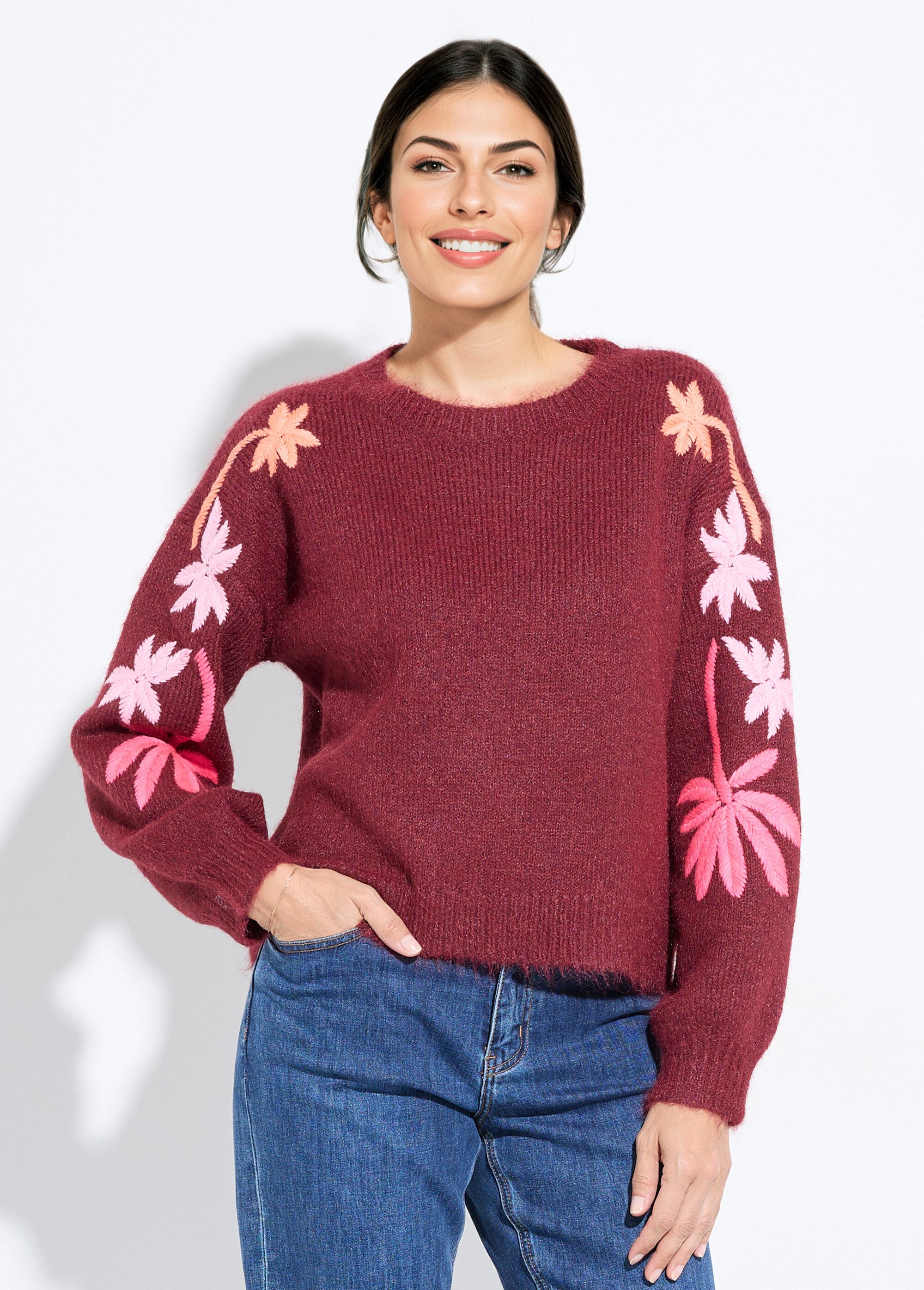 Pull chaud laine broderies fluo palmiers Femme Rouge JSM-JP-7910 FA1