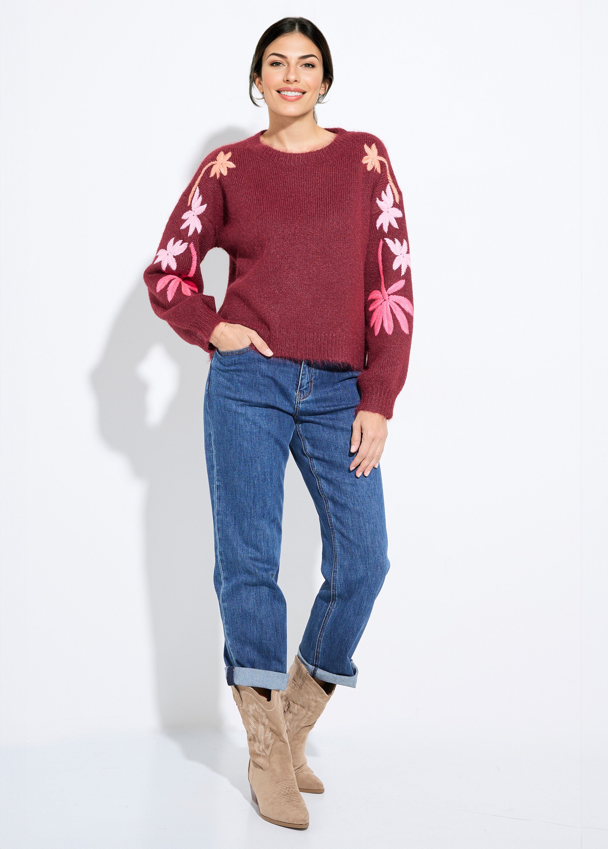 Pull chaud laine broderies fluo palmiers Femme Rouge JSM-JP-7910 SF1