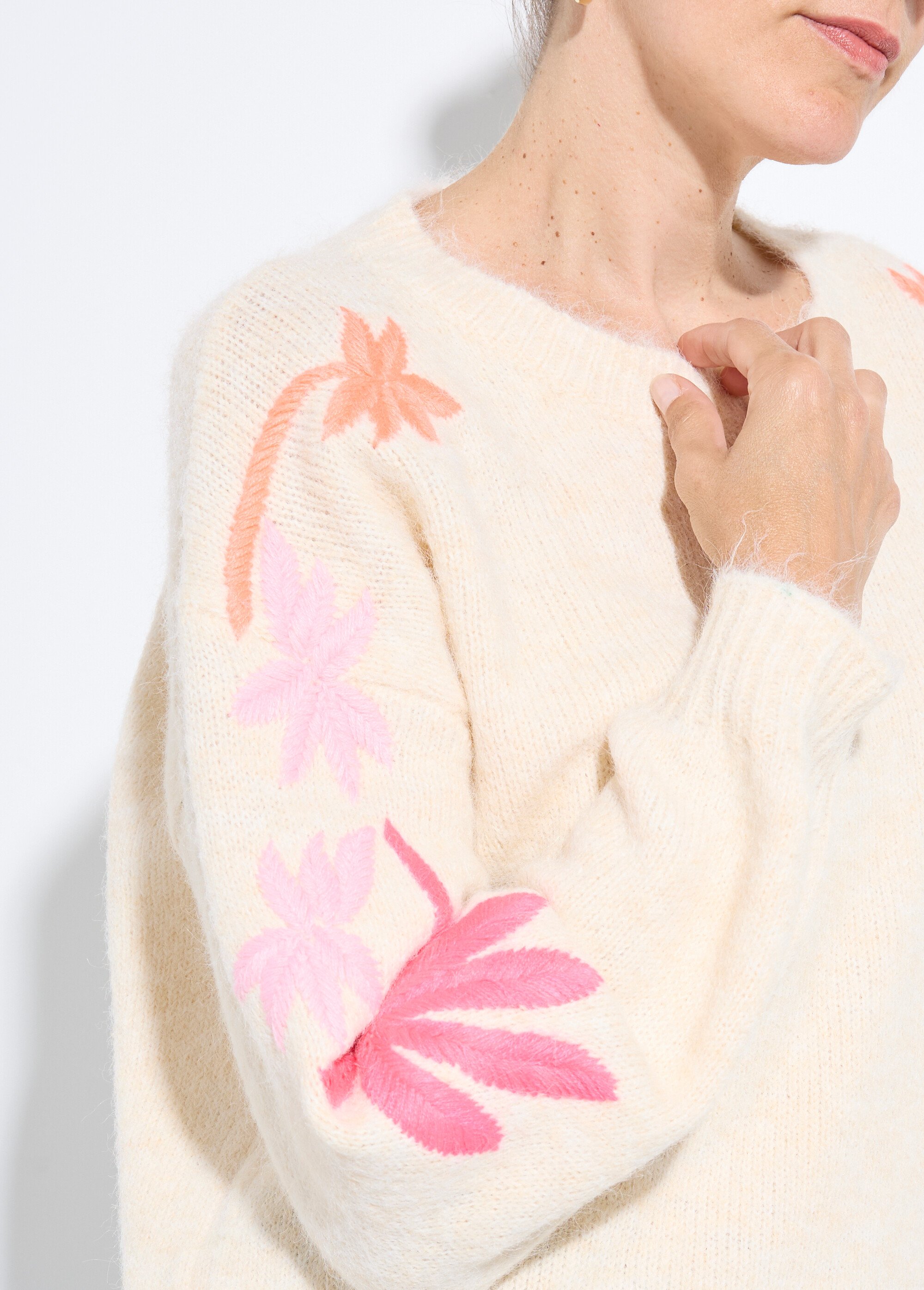 Pull chaud laine broderies fluo palmiers Femme Beige JSM-JP-7910 DE1