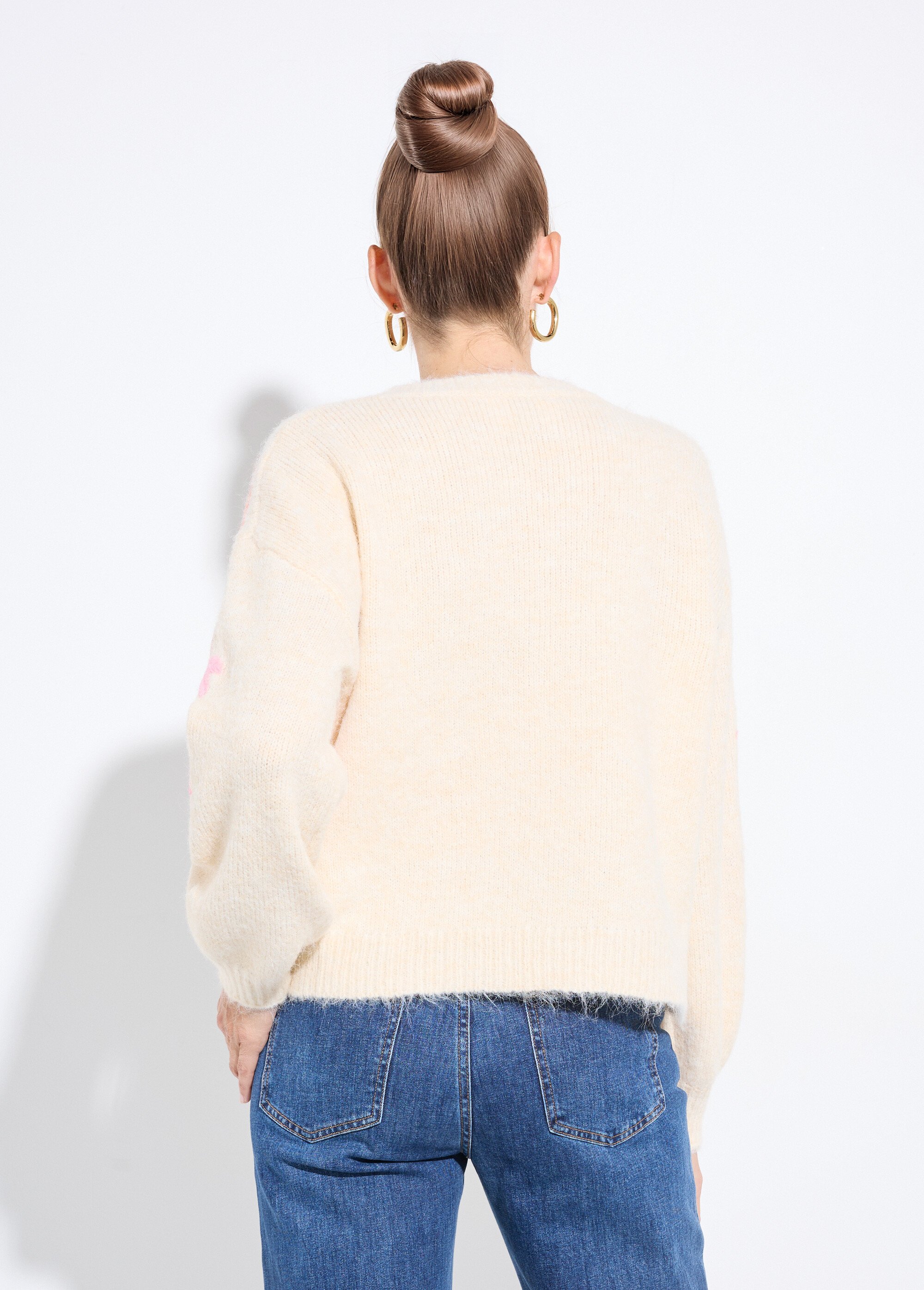 Pull chaud laine broderies fluo palmiers Femme Beige JSM-JP-7910 DO1