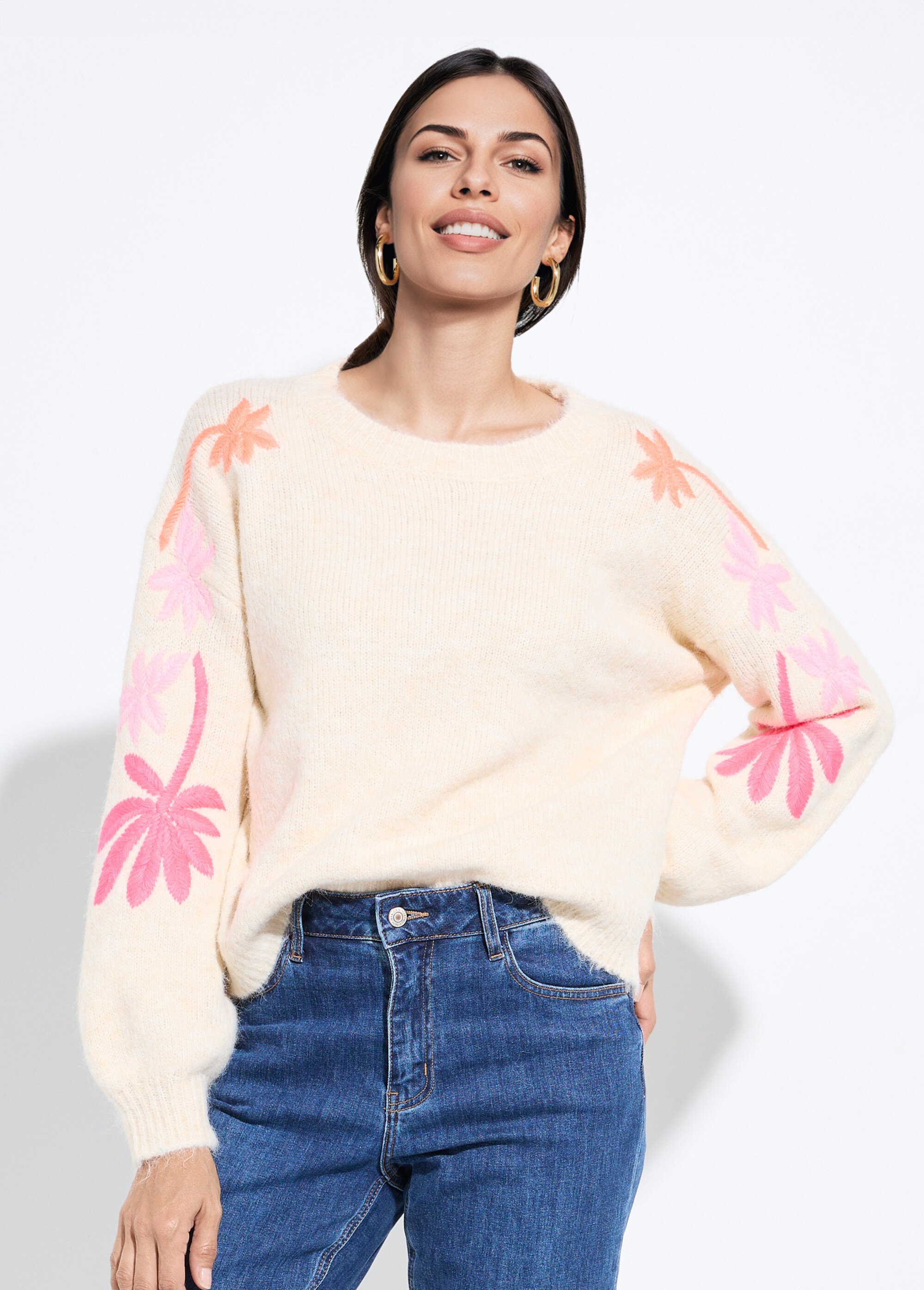 Pull chaud laine broderies fluo palmiers Femme Beige JSM-JP-7910 FA1