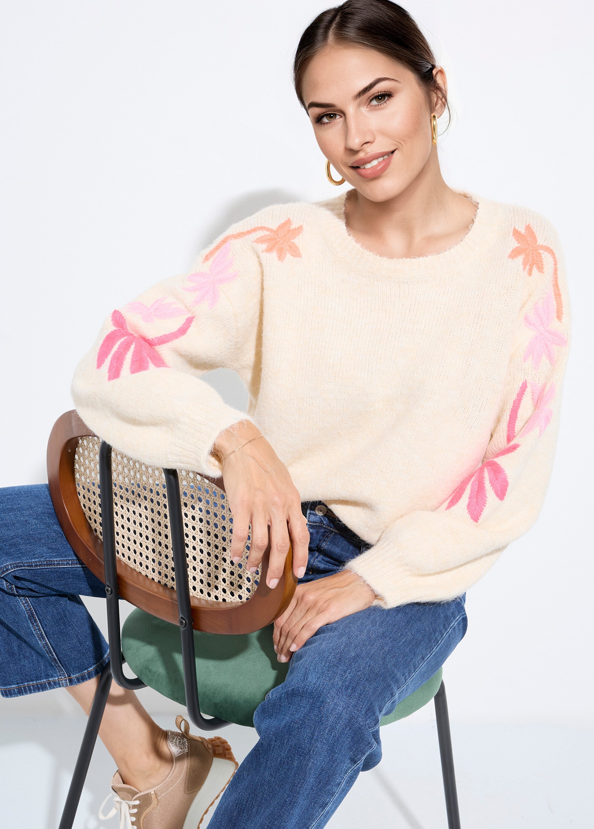 Pull chaud laine broderies fluo palmiers Femme Beige JSM-JP-7910 MV1