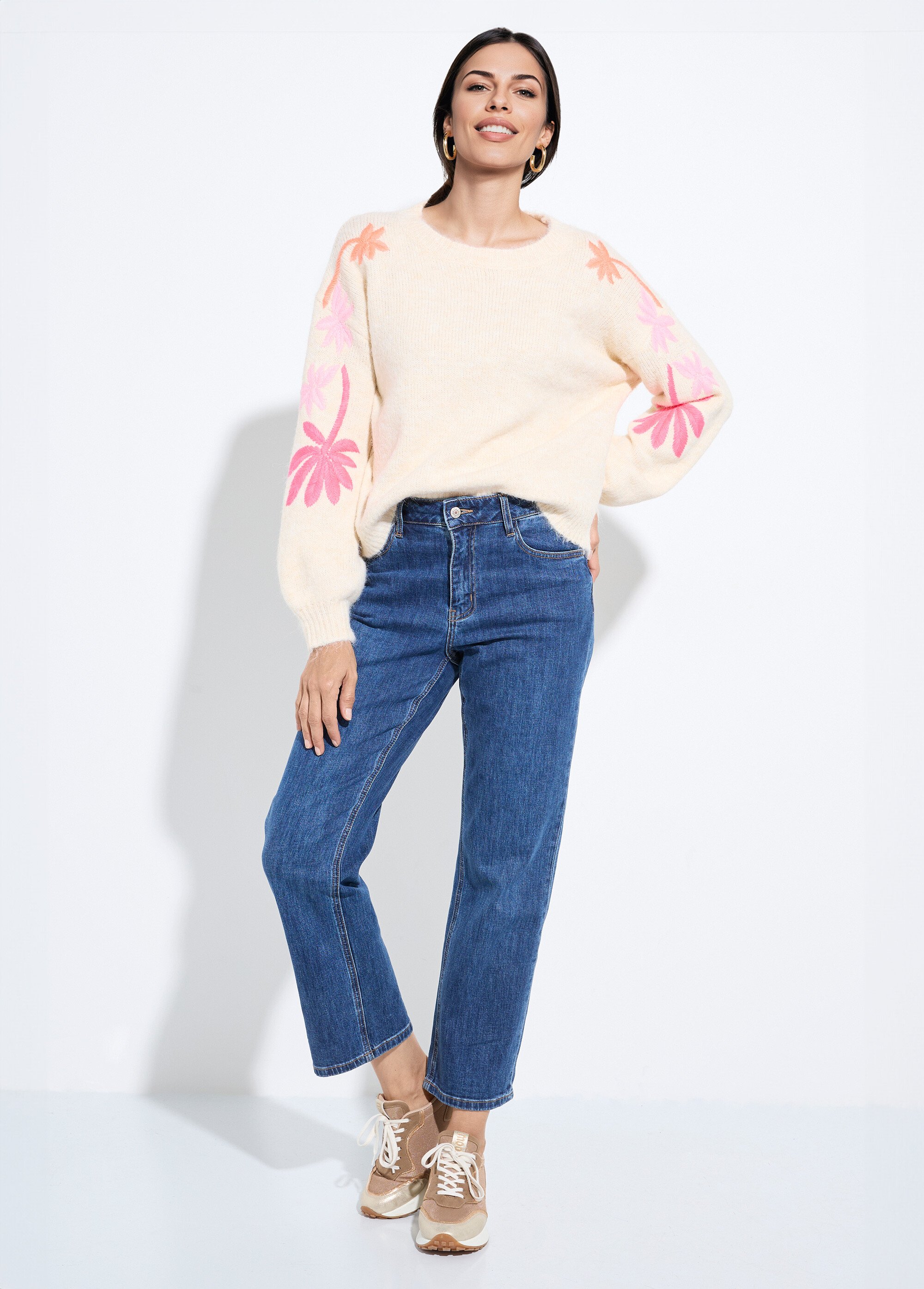 Pull chaud laine broderies fluo palmiers Femme Beige JSM-JP-7910 SF1