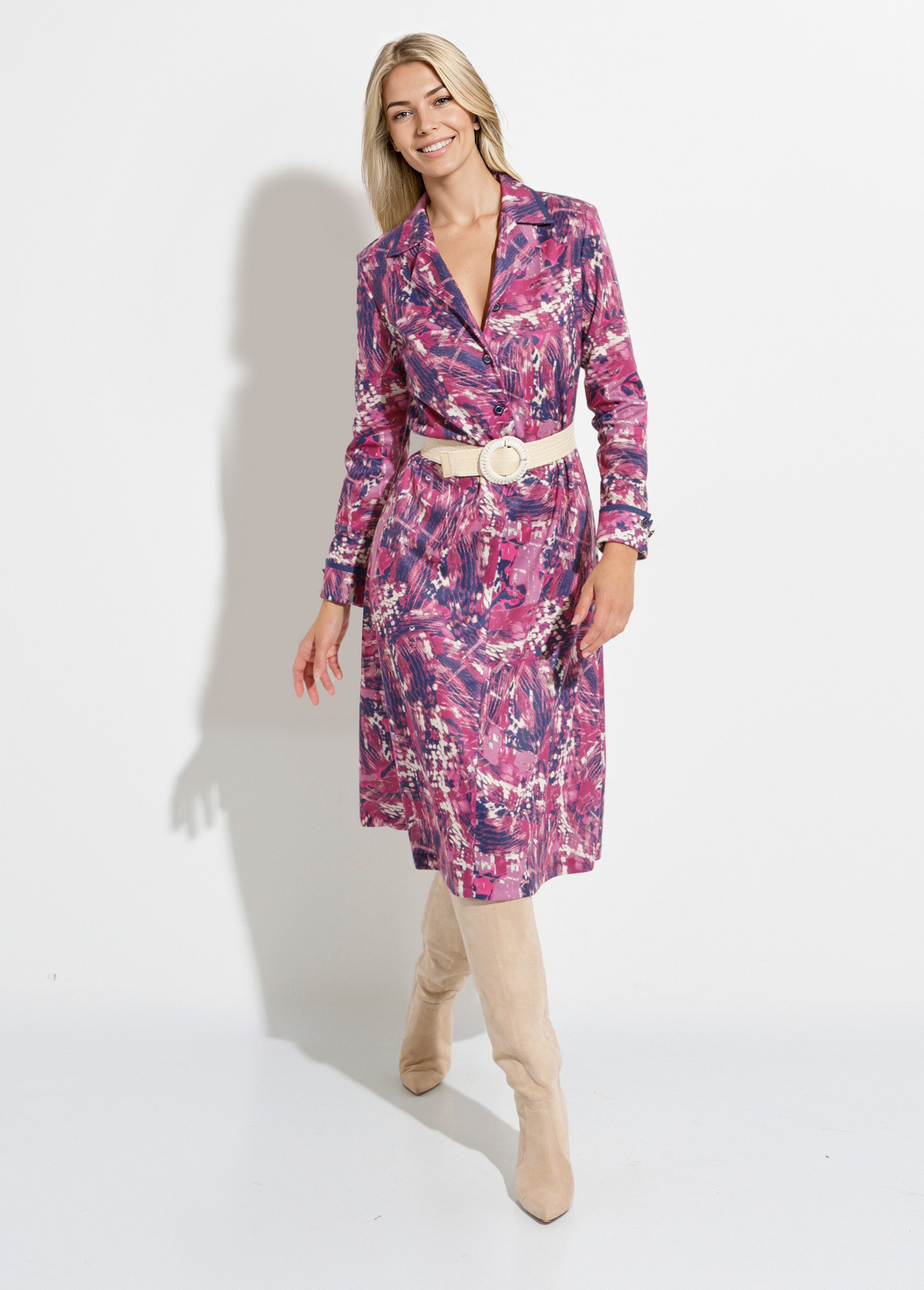 Robe boutonnée col tailleur mi longue imprimée