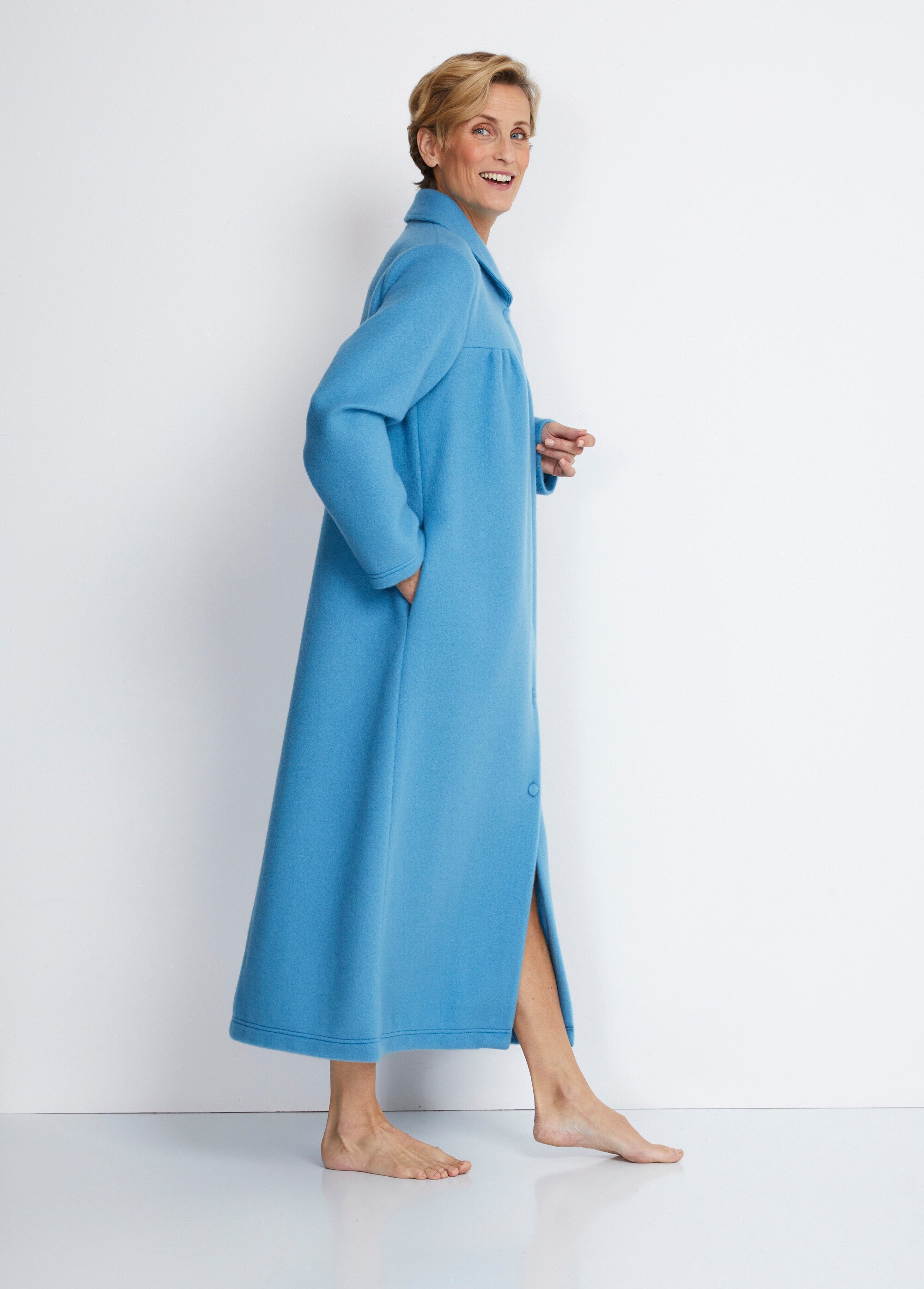 Peignoir boutonné long molleton brodé col châle Femme Bleu SINCERE DR1